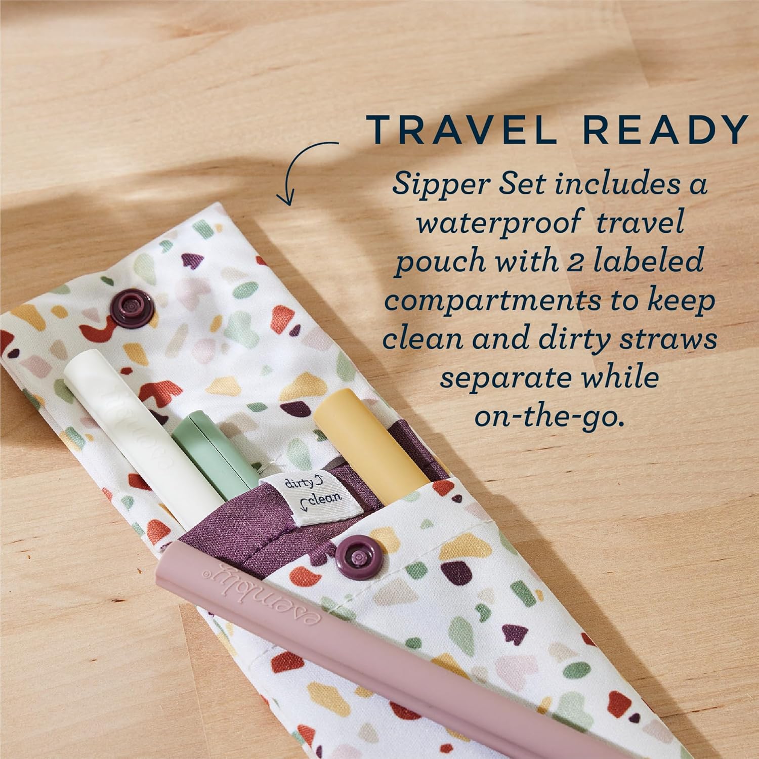 Esembly Straw Set - Reusable silicone straws with double compartment travel pouch | eco-friendly | easy to clean | BPA free - Terrazzo