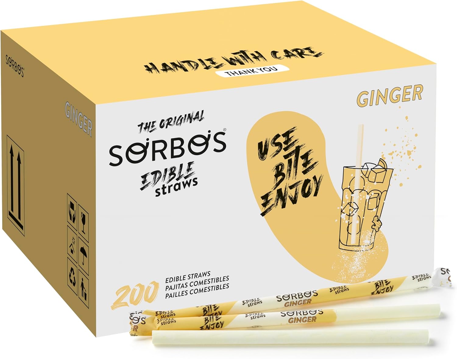 Edible Straws | Ginger Flavor | Sustainable | Individually Wrapped | Plastic-Free | Allergen-Free | Gluten-Free | PFAS-Free | 100% Biodegradable | 7.4 inches (approx. 18.8 cm) long (Pack of 200)