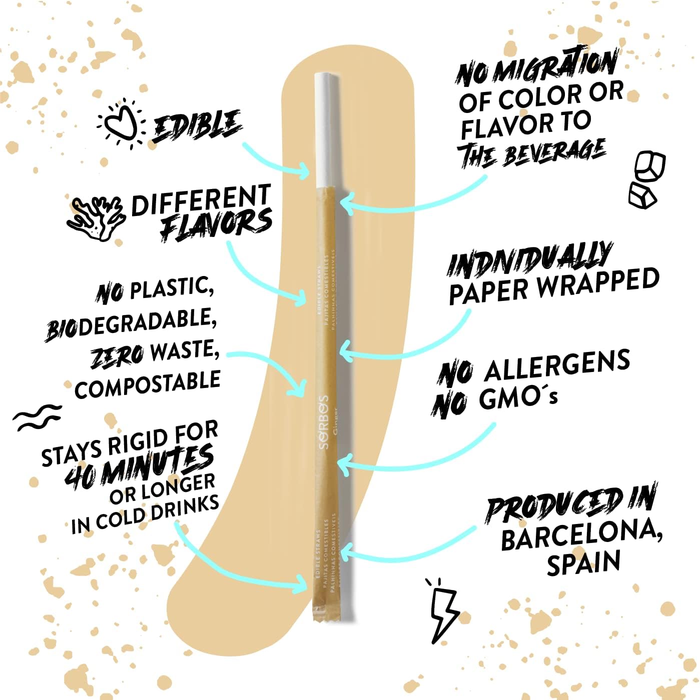 Edible Straws | Ginger Flavor | Sustainable | Individually Wrapped | Plastic-Free | Allergen-Free | Gluten-Free | PFAS-Free | 100% Biodegradable | 7.4 inches (approx. 18.8 cm) long (Pack of 200)