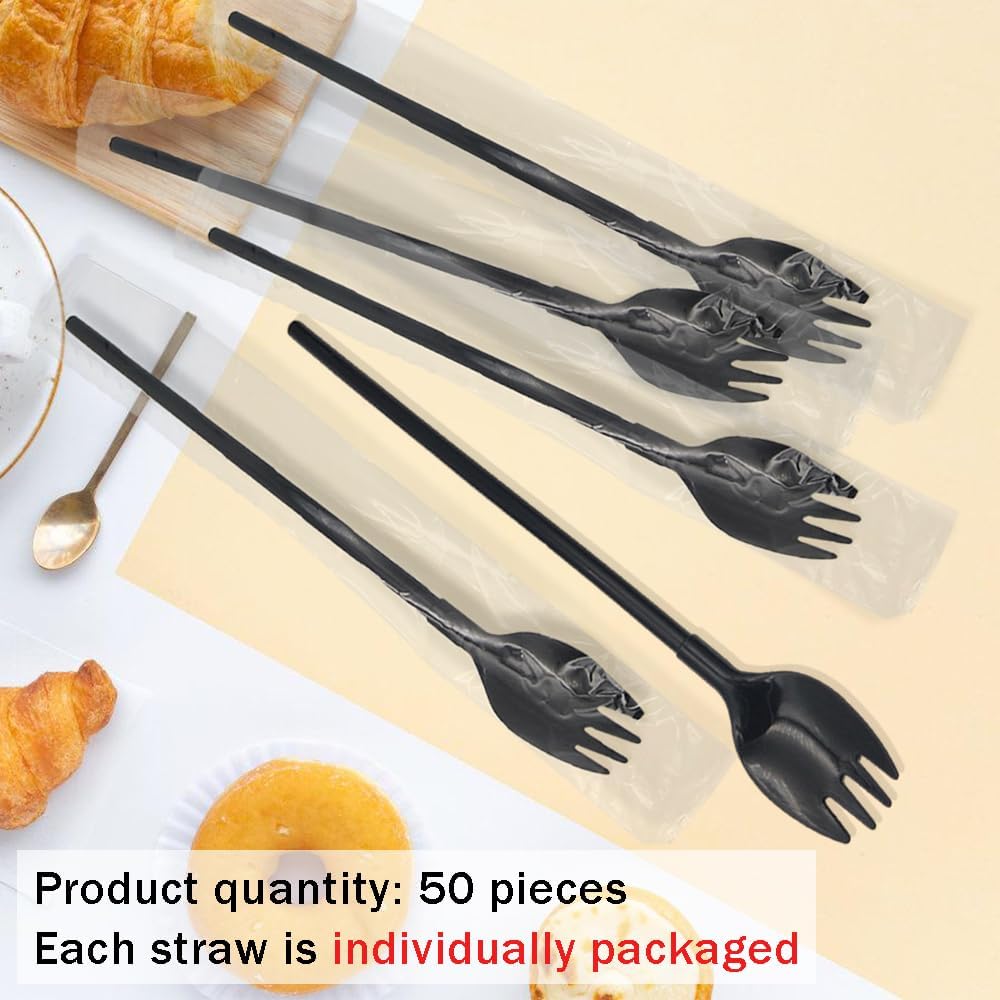 2 in 1 Disposable Plastic Spoon Straws,Independent Packaging Iced Tea Spoon,Detachable Straw Spoon Cocktail Stirrer for Espresso Honey Milkshake Ice Cream,50 Pieces (Straw fork)