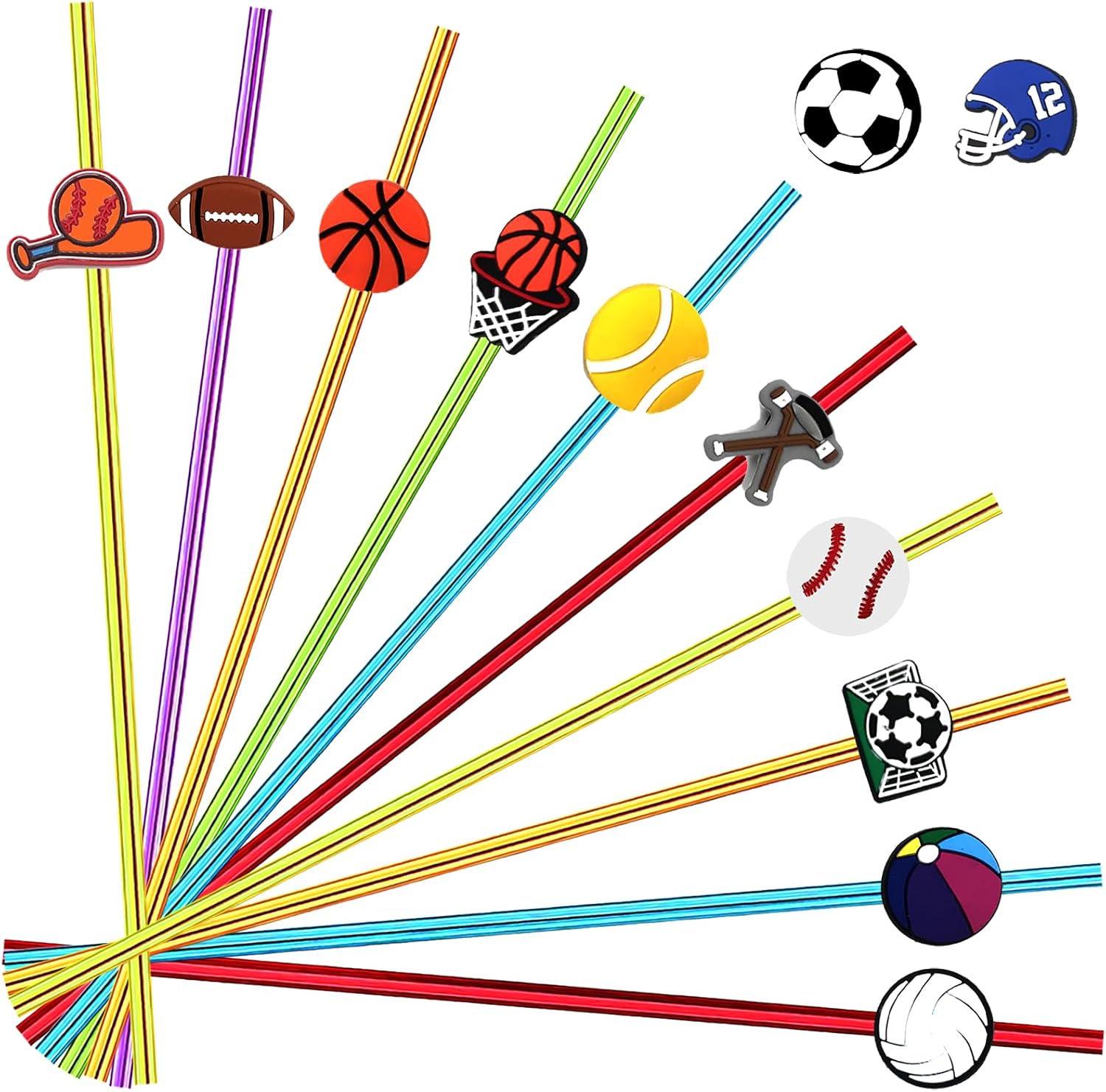 36pcrs Ball Theme Reusable Drink Cocktail Straws Strap 12 Designs Cartoon Sports Games Decoration Party Supplies Birthday Party Favors with 2 Cleaning Brushes 6 Color Straws