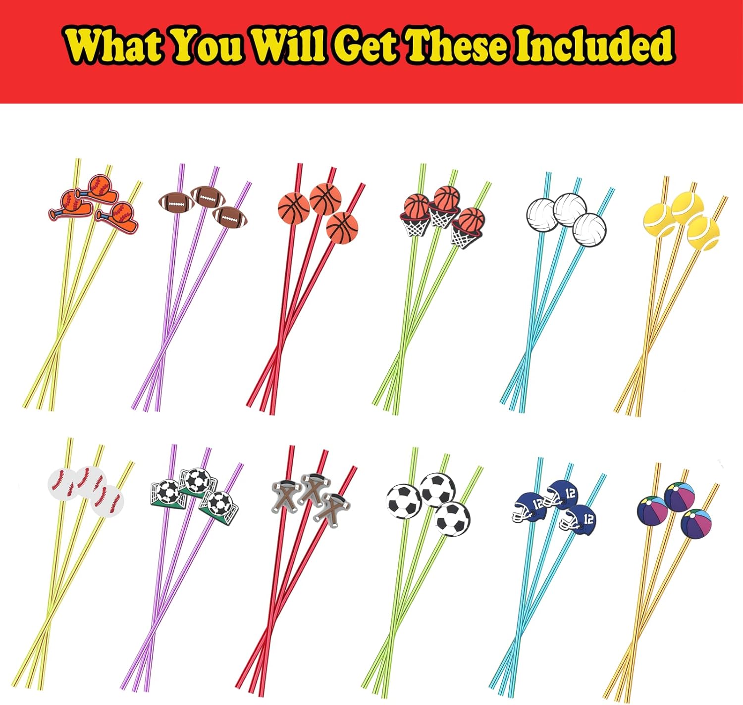 36pcrs Ball Theme Reusable Drink Cocktail Straws Strap 12 Designs Cartoon Sports Games Decoration Party Supplies Birthday Party Favors with 2 Cleaning Brushes 6 Color Straws