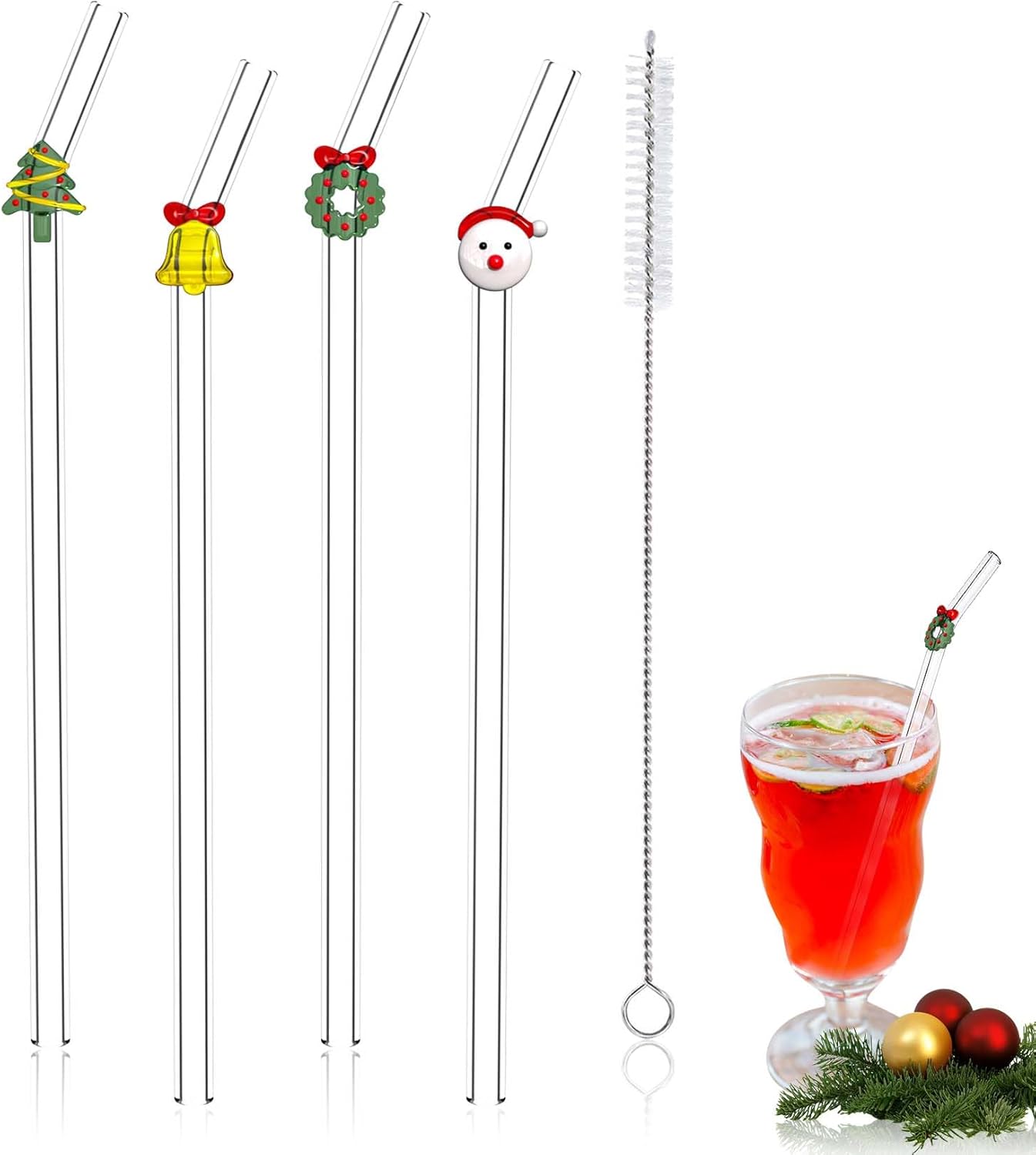4 Reusable Glass Straws with Cleaning Brush | Cute Glass Straws Shatterproof | Bent Glass Straws Christmas Design | Suitable for Juice | Smoothie | Milkshake | Tea