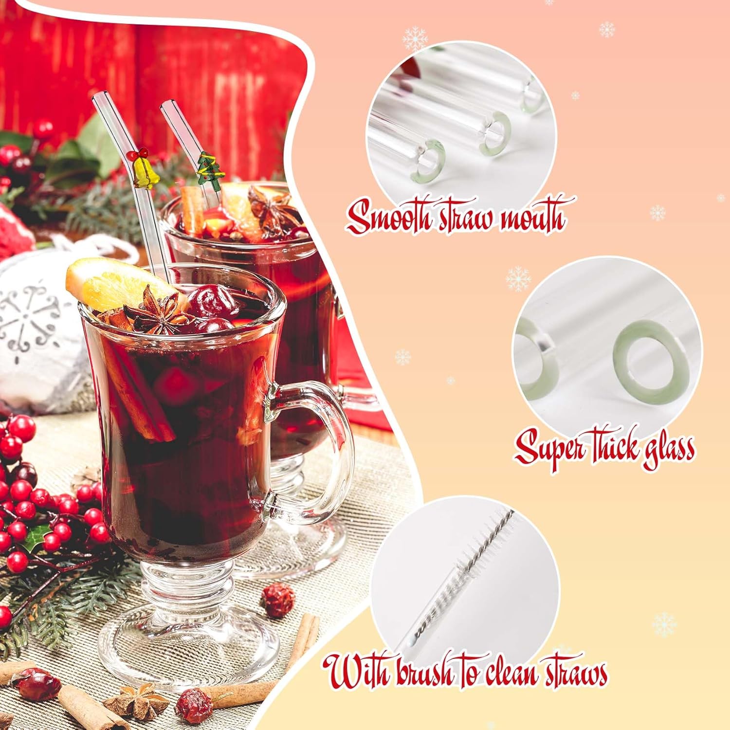 4 Reusable Glass Straws with Cleaning Brush | Cute Glass Straws Shatterproof | Bent Glass Straws Christmas Design | Suitable for Juice | Smoothie | Milkshake | Tea