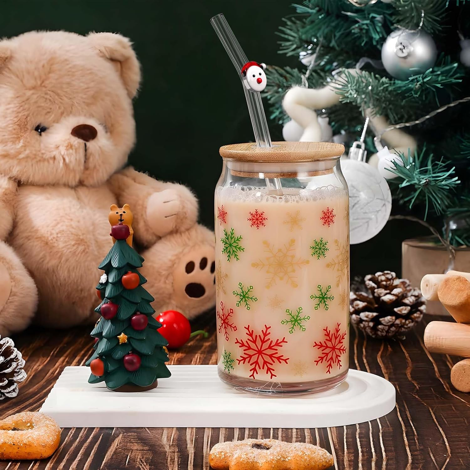 4 Reusable Glass Straws with Cleaning Brush | Cute Glass Straws Shatterproof | Bent Glass Straws Christmas Design | Suitable for Juice | Smoothie | Milkshake | Tea