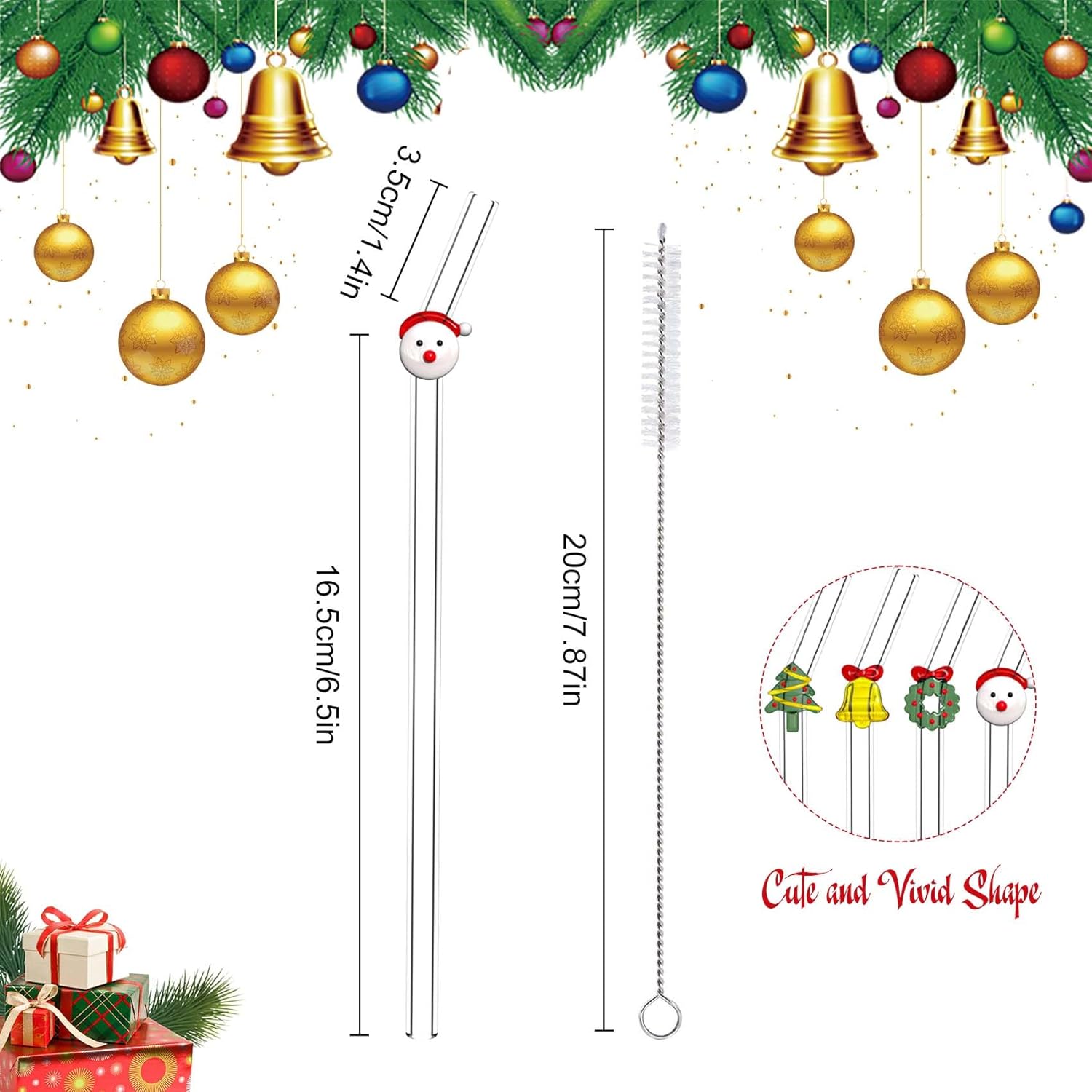 4 Reusable Glass Straws with Cleaning Brush | Cute Glass Straws Shatterproof | Bent Glass Straws Christmas Design | Suitable for Juice | Smoothie | Milkshake | Tea