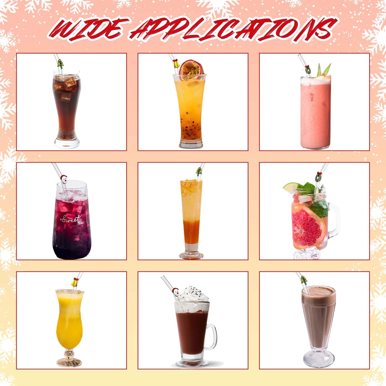 4 Reusable Glass Straws with Cleaning Brush | Cute Glass Straws Shatterproof | Bent Glass Straws Christmas Design | Suitable for Juice | Smoothie | Milkshake | Tea