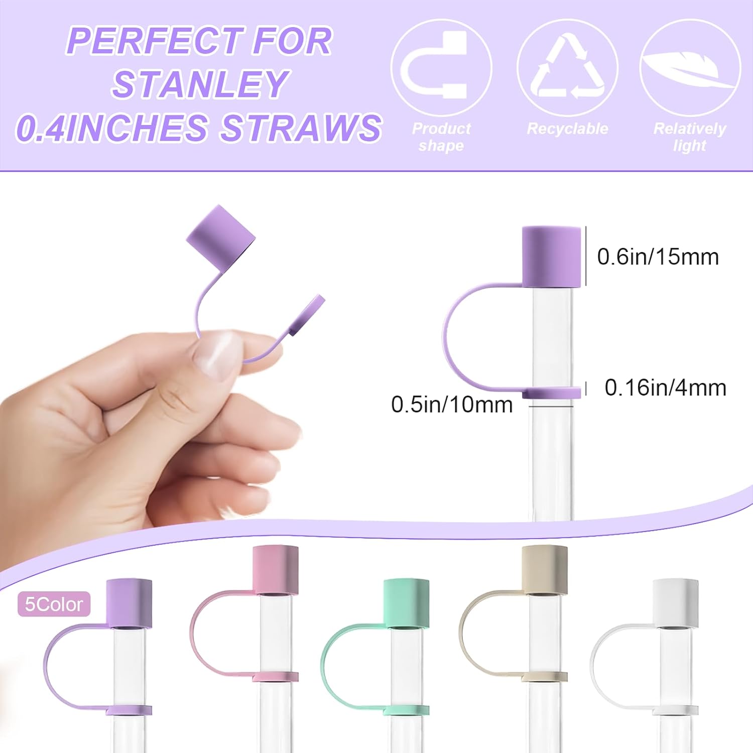 5 Pieces 0.39 inch (Approx. 1.0 cm) Silicone Straw Tops | Compatible with Stanley Cups | 10mm Silicone Straw Cap Straw Tops for Stanley 30/40 oz (Approx. 1134.0 grams) Glasses with Handles (5 Colors) | Stanley Cup Accessories