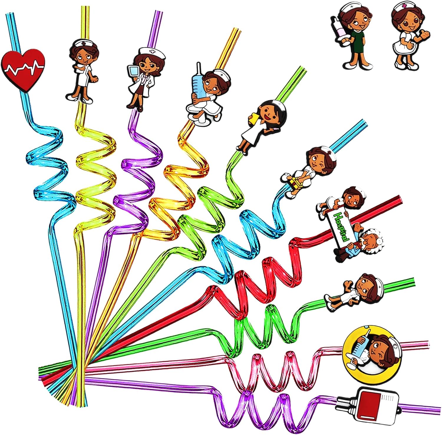 24 Pieces Nurse Theme Reusable Curly Hair Drink Cocktail Straw Strap 12 Designs Hospital Doctor Nurse Decoration Party Supplies Birthday Party Favors with 2 Cleaning Brushes 8 Color Straws