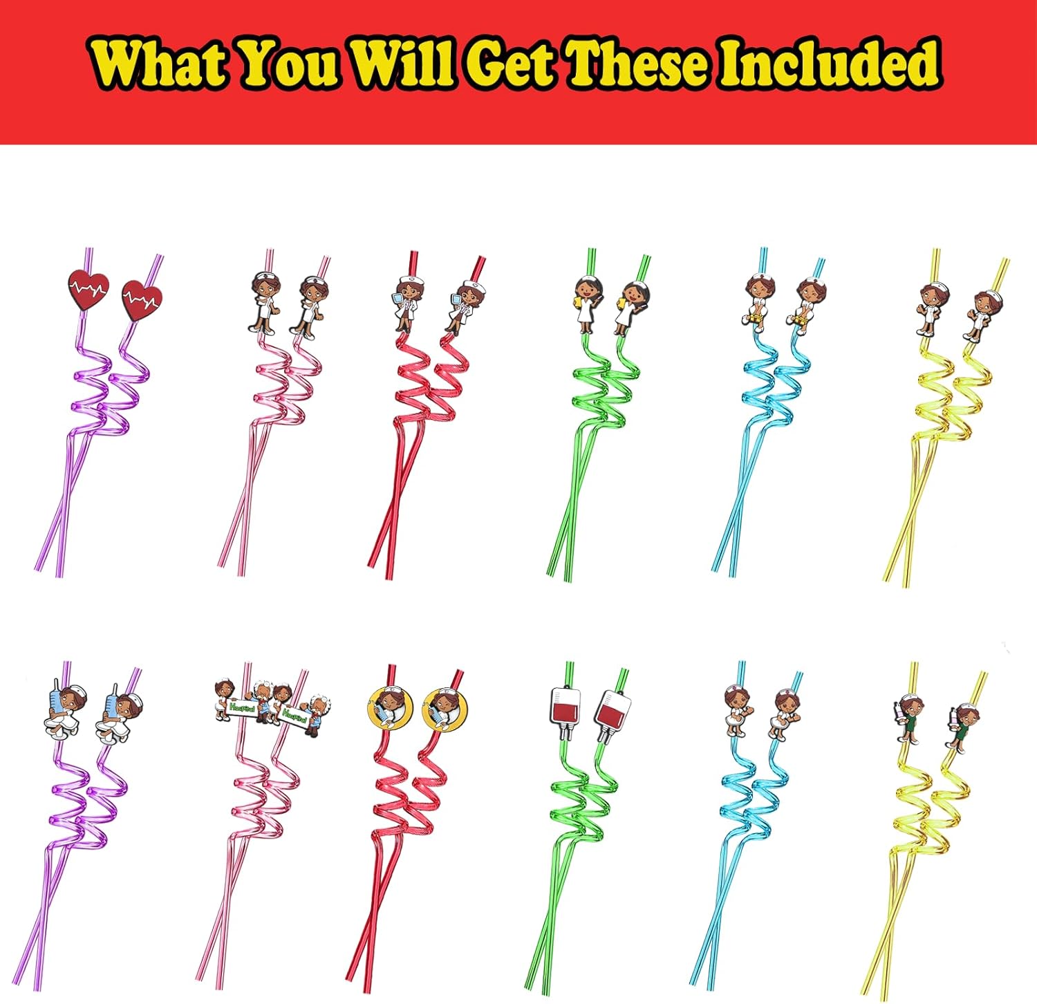 24 Pieces Nurse Theme Reusable Curly Hair Drink Cocktail Straw Strap 12 Designs Hospital Doctor Nurse Decoration Party Supplies Birthday Party Favors with 2 Cleaning Brushes 8 Color Straws