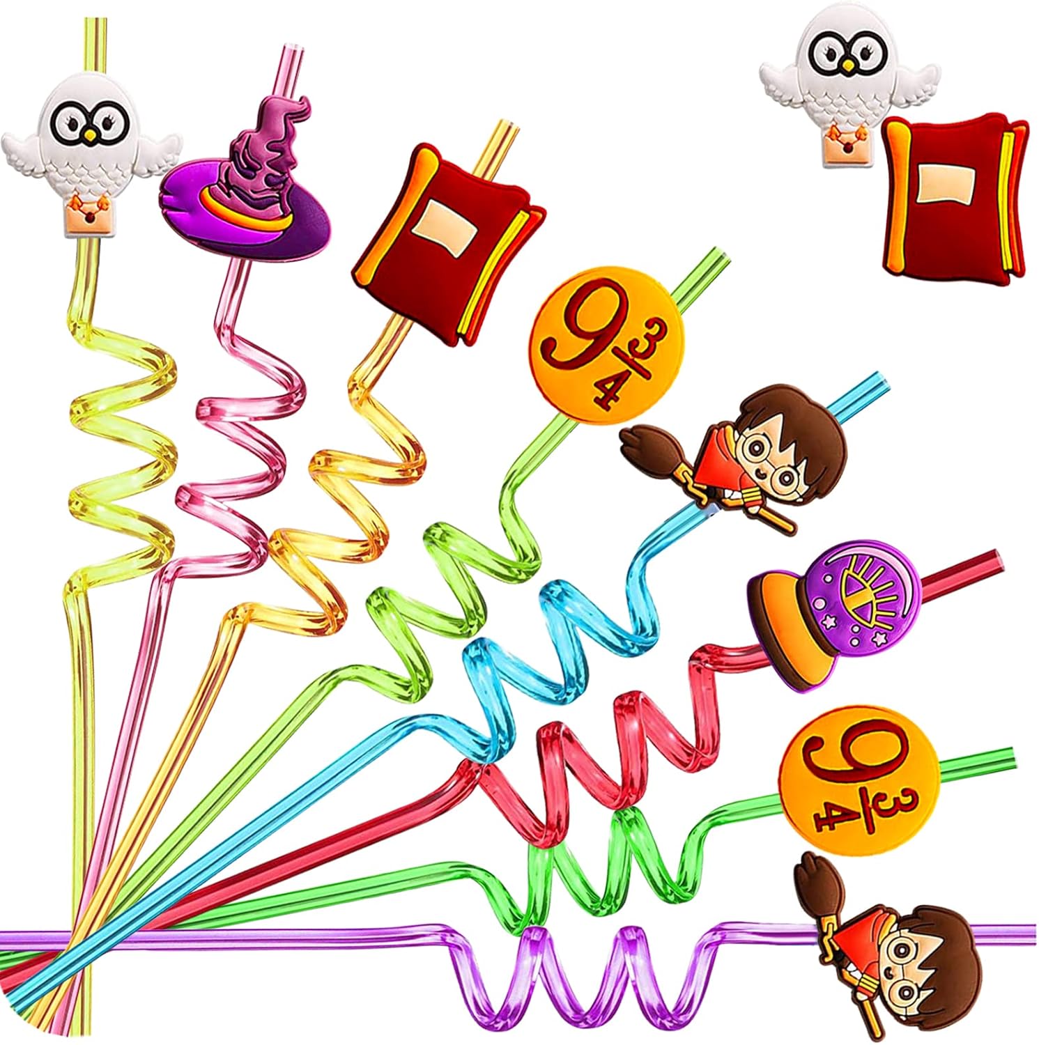 24pcs Cartoon Reusable Straws Birthday Party Supplies Party Favor Straws 6 Designs Wizard Magic Theme Party Favors with 2 Cleaning Brushes 8 Colors Straws