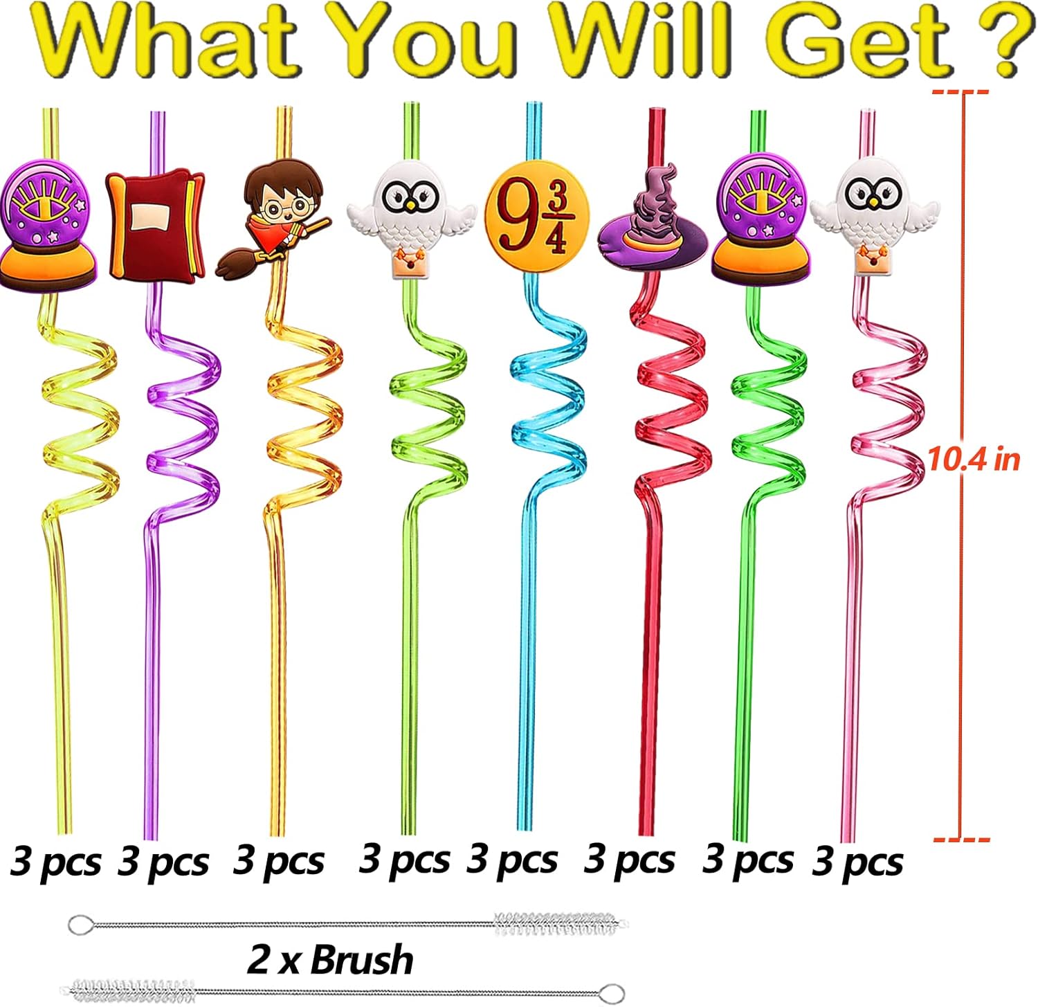 24pcs Cartoon Reusable Straws Birthday Party Supplies Party Favor Straws 6 Designs Wizard Magic Theme Party Favors with 2 Cleaning Brushes 8 Colors Straws