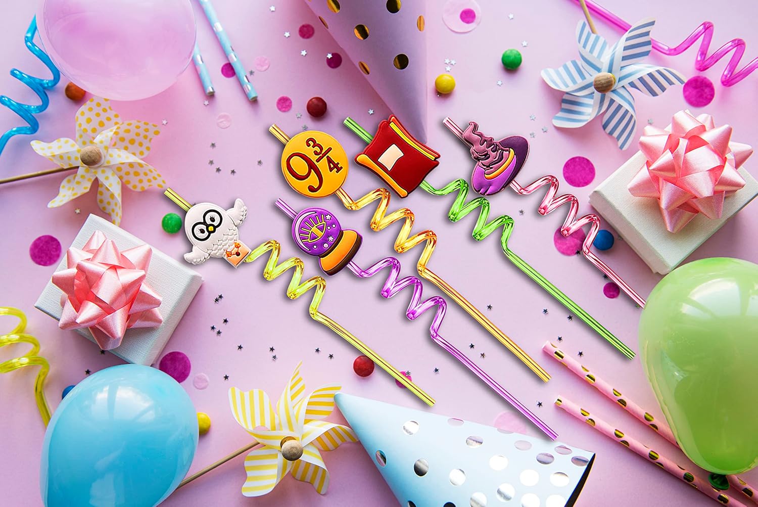 24pcs Cartoon Reusable Straws Birthday Party Supplies Party Favor Straws 6 Designs Wizard Magic Theme Party Favors with 2 Cleaning Brushes 8 Colors Straws