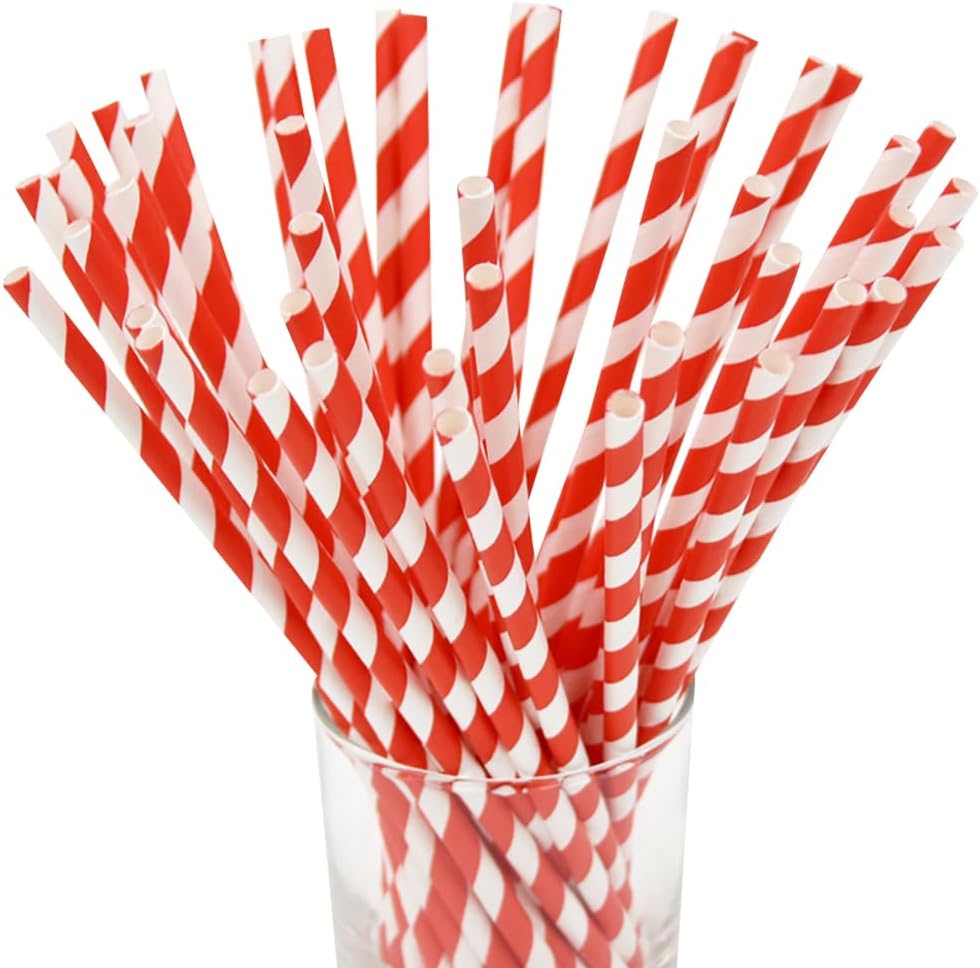 100 Pcs Paper Stripe Straws Straight Straws Milkshake Drinking Straws Long Cocktail Straws for Drinks Juice Straws Iced Tea Straws Birthday Party Straws Red