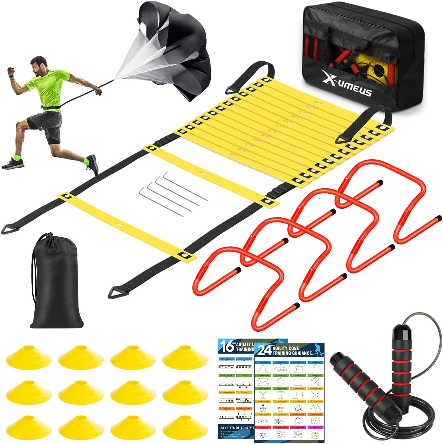 20 ft Agility Ladder Set 12 Cones 4 Hurdles Jump Rope Training