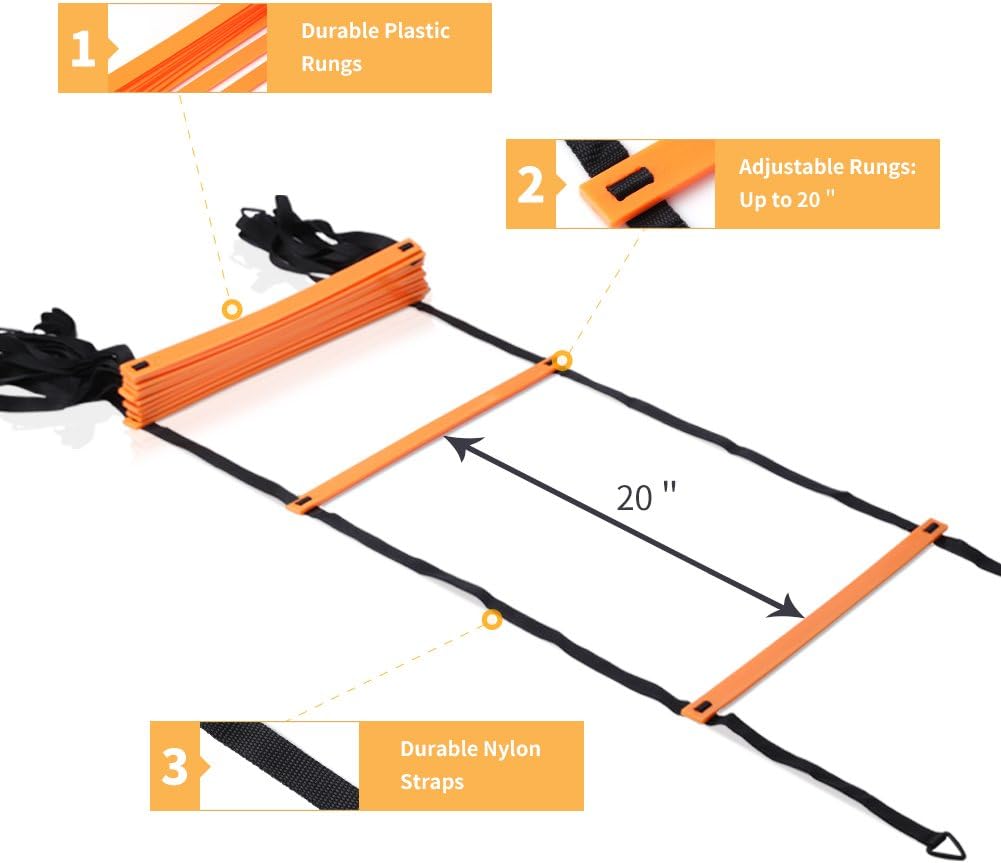 20 ft 12 Rung Agility Ladder 10 Cones 4 Stakes Carrying Case
