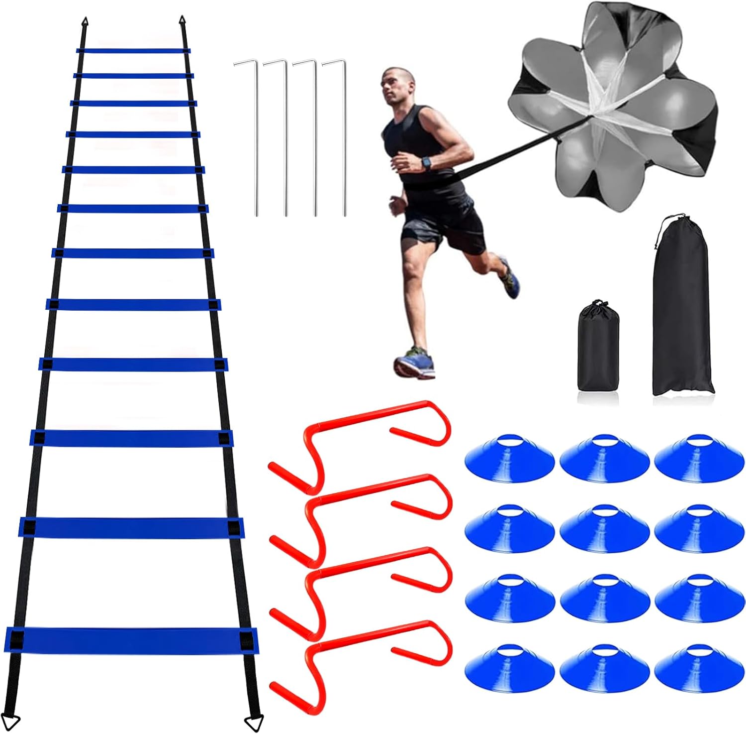 20ft Agility Ladder 12 Cones Running Parachute Training Set