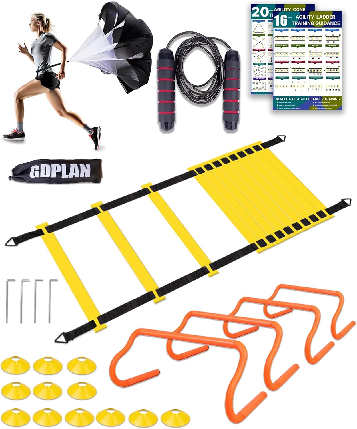 20 ft Agility Ladder Kit 12 Crosses 4 Hurdles 12 Cones Training Guide