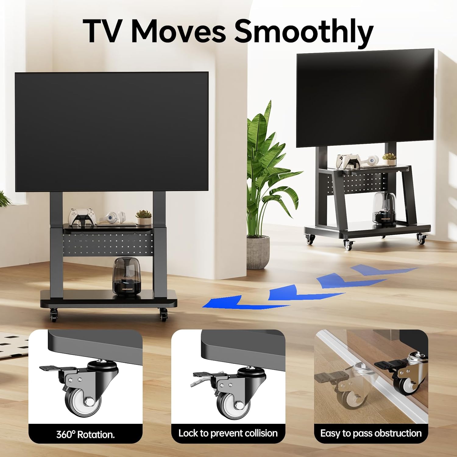 Mobile TV Stand Rolling TV Cart with Wheels for 32-75 Inch Flat/Curved Led/LCD/OLED Portable Floor TV Stand with Steel Shelf and Hole Platform, Height Adjustable Holds up to 180lbs