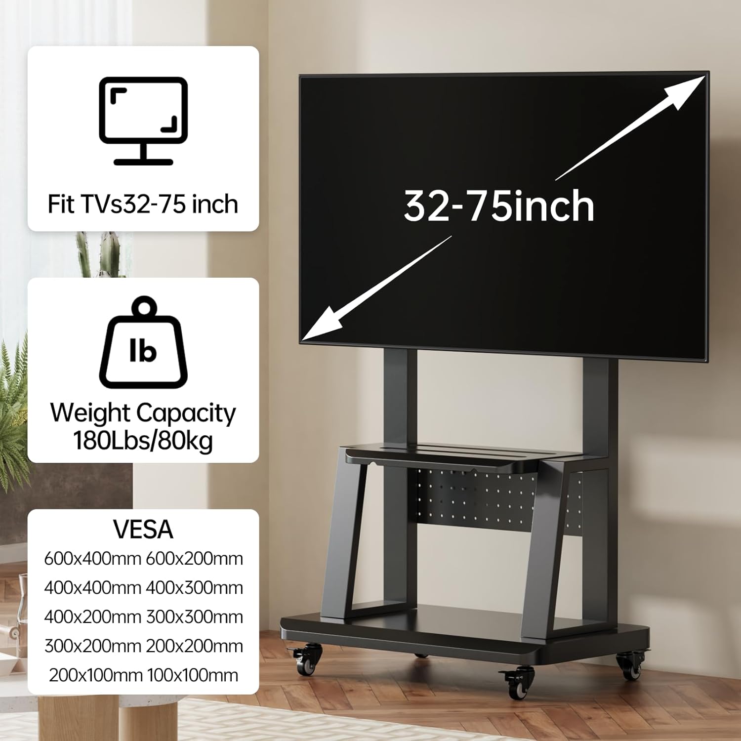 Mobile TV Stand Rolling TV Cart with Wheels for 32-75 Inch Flat/Curved Led/LCD/OLED Portable Floor TV Stand with Steel Shelf and Hole Platform, Height Adjustable Holds up to 180lbs