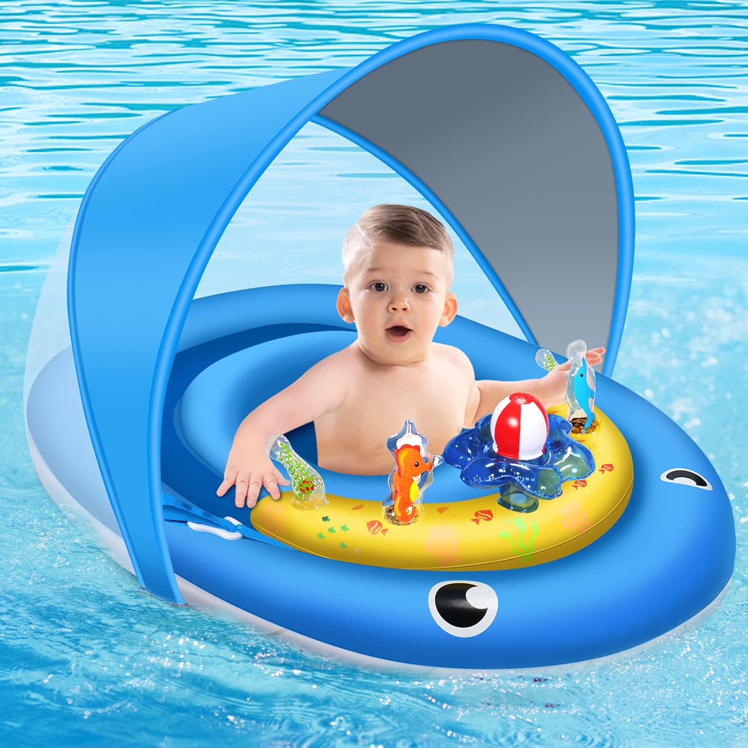 Baby Pool Pontoon with Canopy UPF50+ Sun Protection,6-24 Months Inflatable Baby Swimming Ring, Bathing Pontoon, Pool Accessories and Toys & Games Console with Adjustable Safety Seat