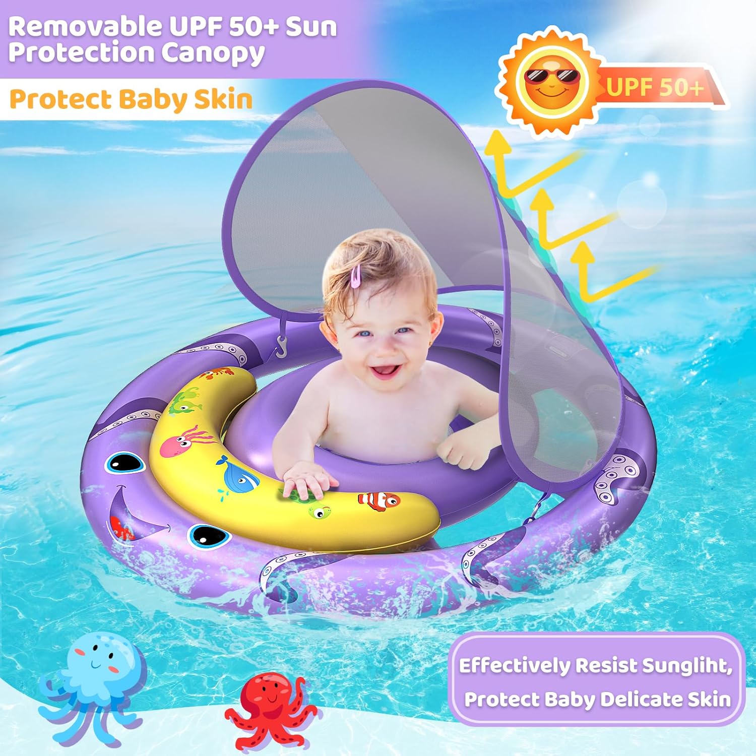 AnbQuik Baby Pool Pontoon with Removable UPF50+ Sun Canopy, Octopus Baby Swim Pontoon for 6-24 Months, Extra Wide Dual Design, Adjustable Breathable Seat