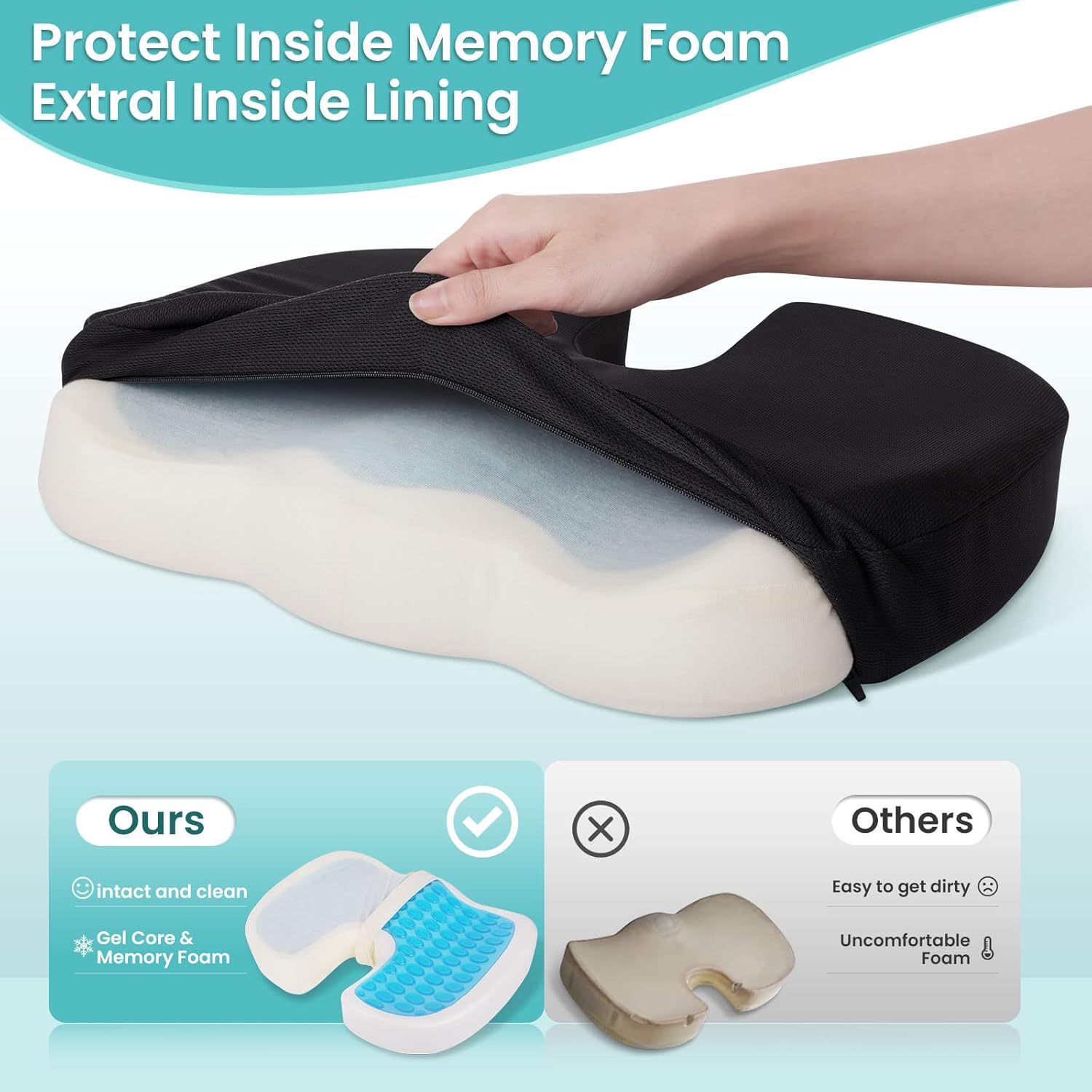 Office Chair Cushion, Cooling Gel Enhanced Memory Foam Cushion for Long Time Sitting - Back, Sciatica, Tailbone, Tailbone Pain Relief Pillow - Designed for office chairs, gaming chairs and car seats.