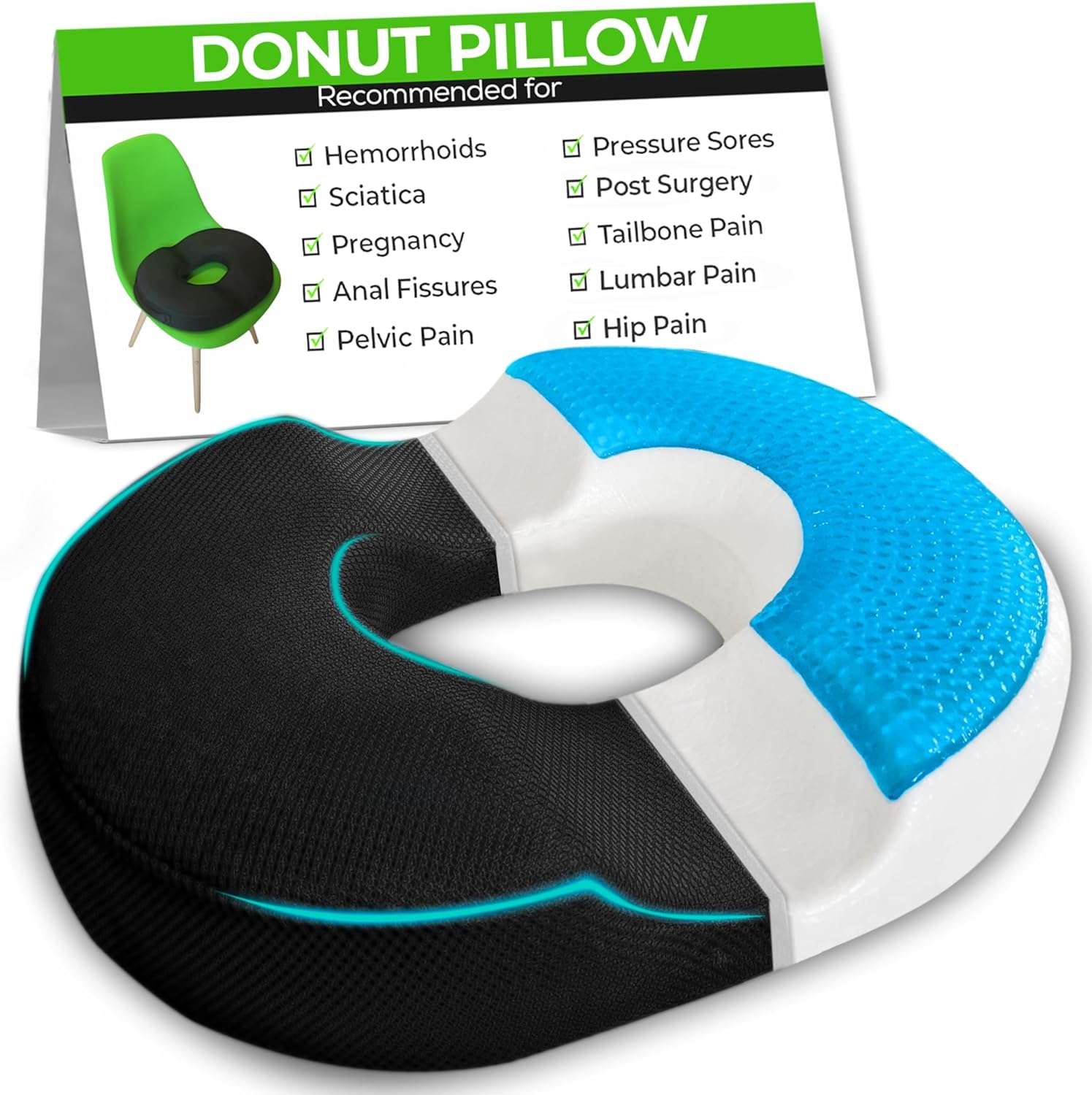 AnboCare Donut Gel Sitting Pillow - Orthopedic Memory Foam for Tailbone Pain, Hemorrhoids, Bed Pain, Postpartum, Prostate, Tailbone and Sciatica Pain