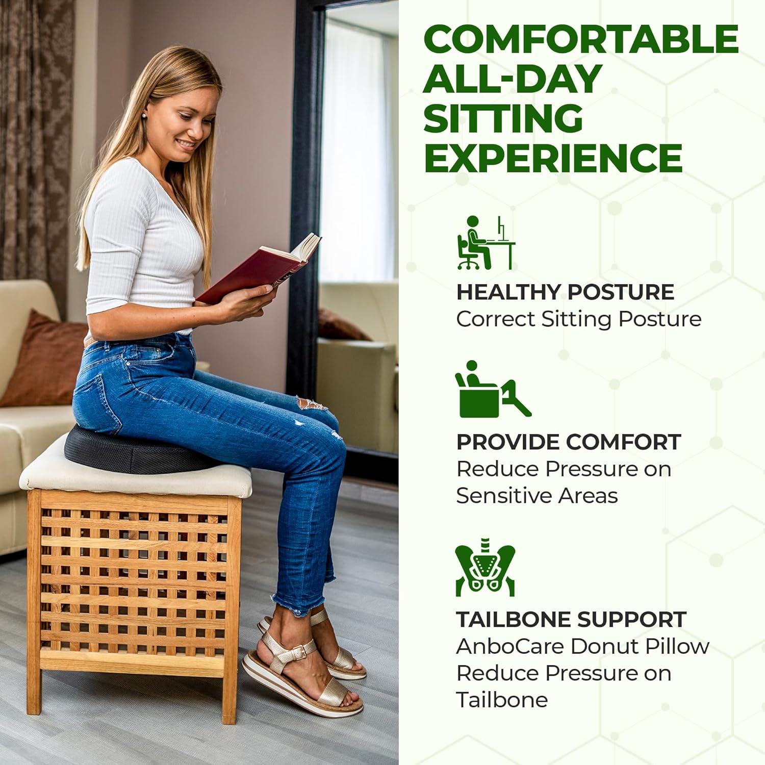AnboCare Donut Gel Sitting Pillow - Orthopedic Memory Foam for Tailbone Pain, Hemorrhoids, Bed Pain, Postpartum, Prostate, Tailbone and Sciatica Pain
