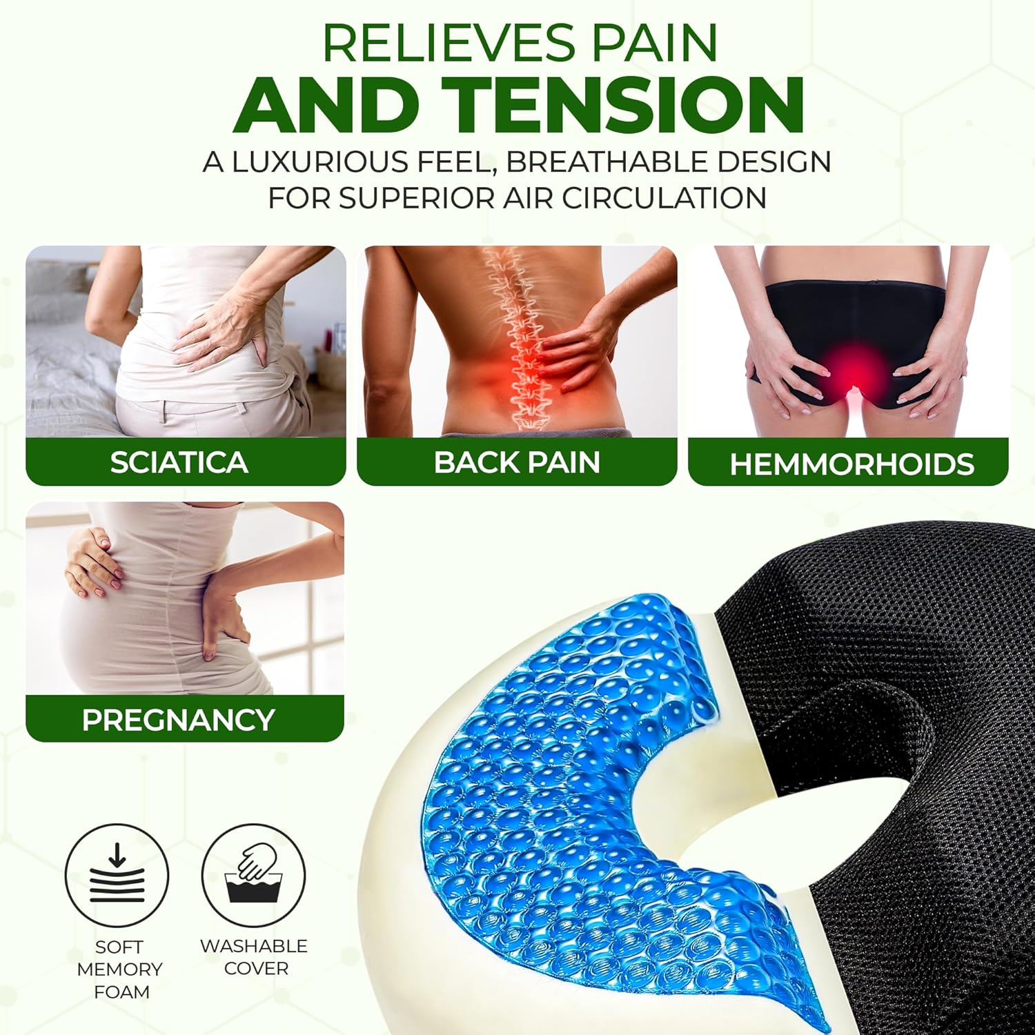 AnboCare Donut Gel Sitting Pillow - Orthopedic Memory Foam for Tailbone Pain, Hemorrhoids, Bed Pain, Postpartum, Prostate, Tailbone and Sciatica Pain