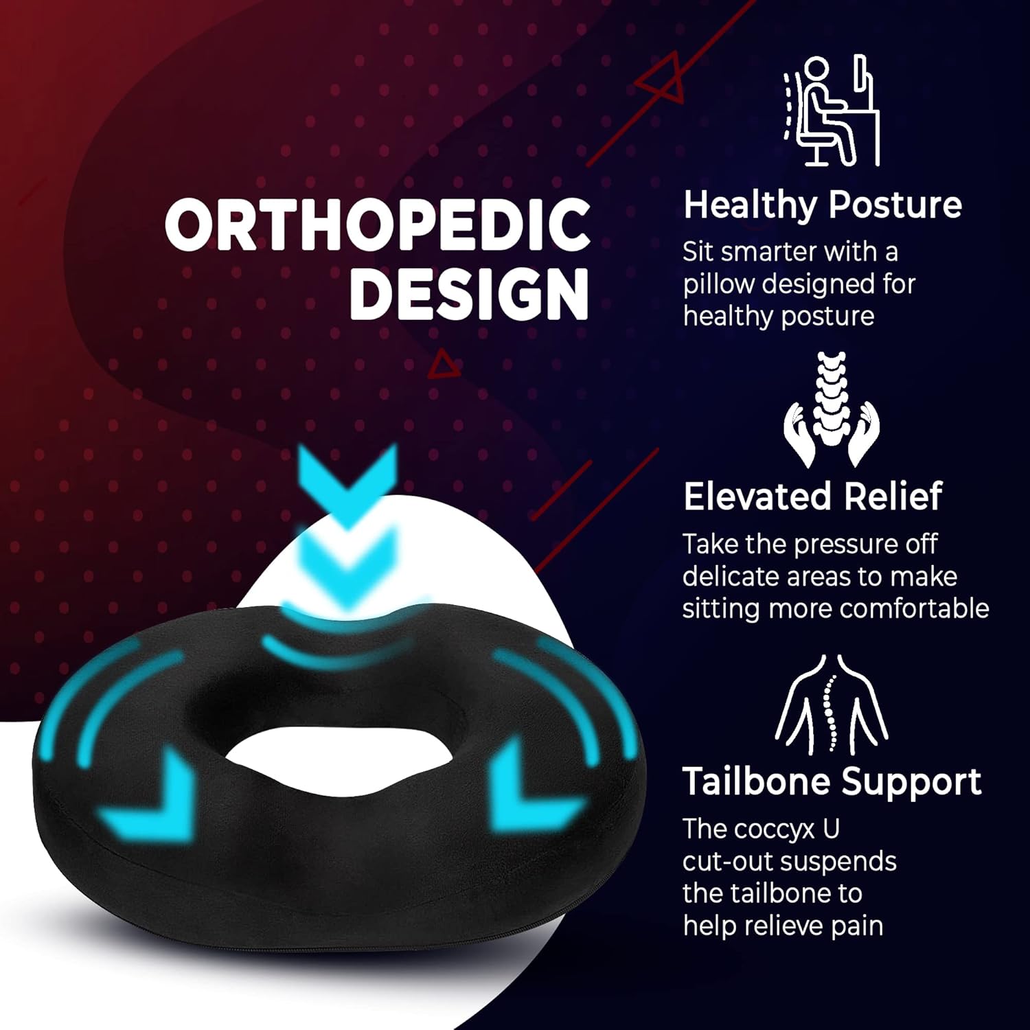Donut Pillow Cushion Orthopedic Design | Tailbone & Tailbone Memory Foam Pillow | Relieves Pain and Pressure from Hemorrhoids, Post-Pregnancy, Surgery, Sciatica (Black)