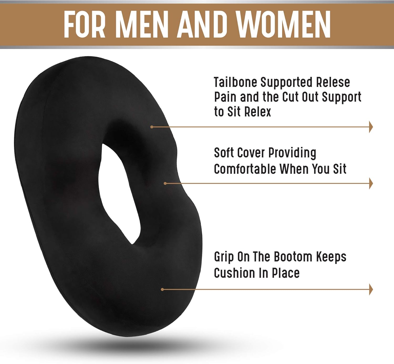 Donut Pillow Cushion Orthopedic Design | Tailbone & Tailbone Memory Foam Pillow | Relieves Pain and Pressure from Hemorrhoids, Post-Pregnancy, Surgery, Sciatica (Black)
