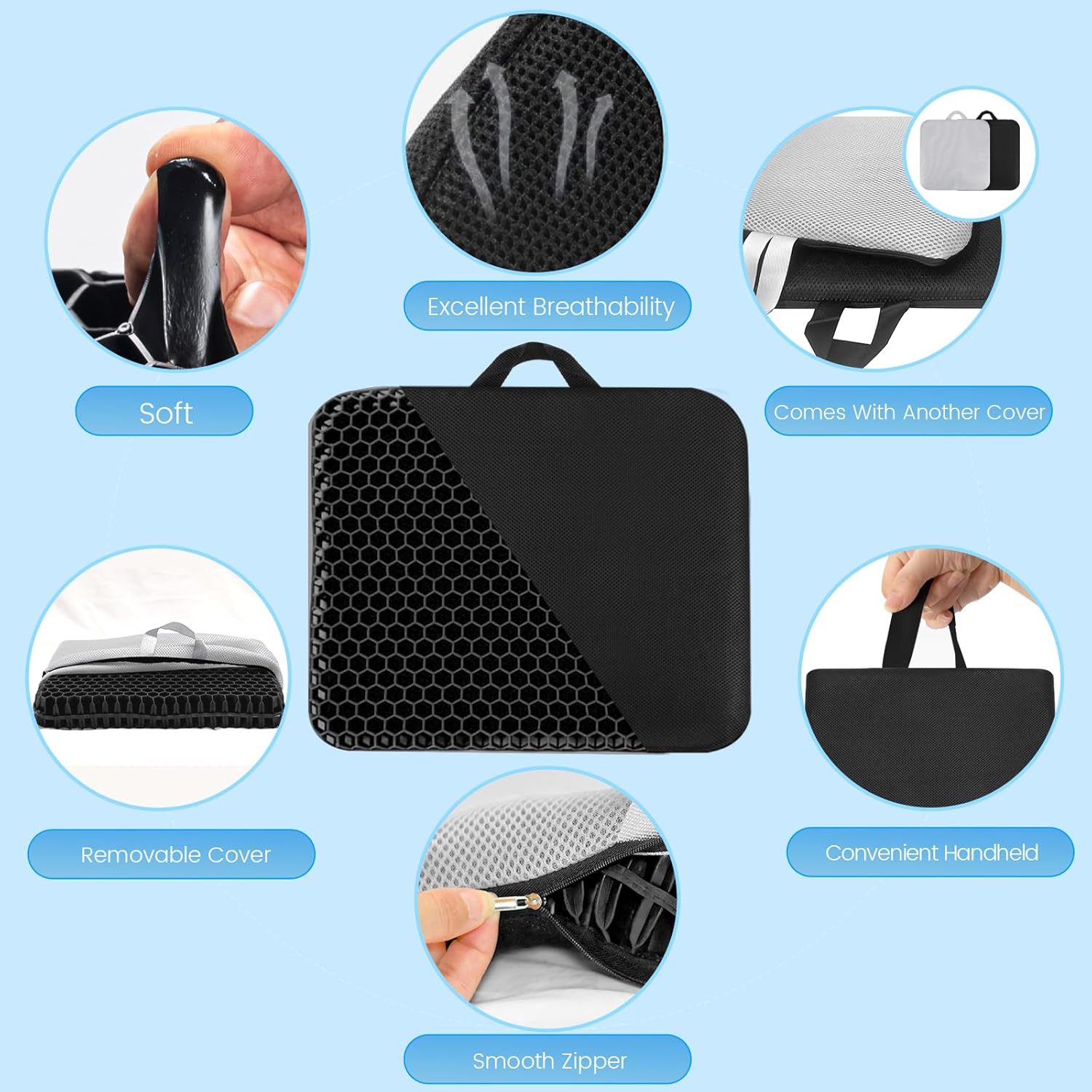 19.75 inch (approx. 50.0 cm) Gel Seat Cushion, Extra Thick Office Chair Cushion for Long Sitting - Rear Hip Tailbone Pain Relief Cushion, Egg Seat Cushion, Automotive Wheelchair Table and Chair Cushion - Fits up to 550 lbs (approx. 249.5 kg)