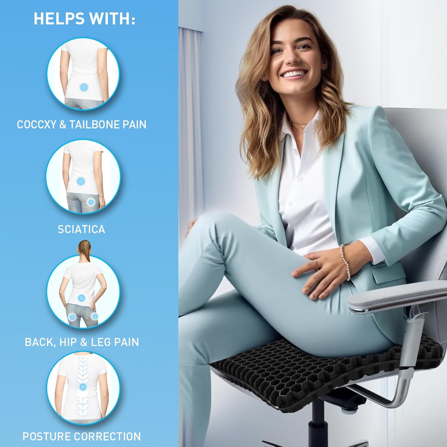 19.75 inch (approx. 50.0 cm) Gel Seat Cushion, Extra Thick Office Chair Cushion for Long Sitting - Rear Hip Tailbone Pain Relief Cushion, Egg Seat Cushion, Automotive Wheelchair Table and Chair Cushion - Fits up to 550 lbs (approx. 249.5 kg)