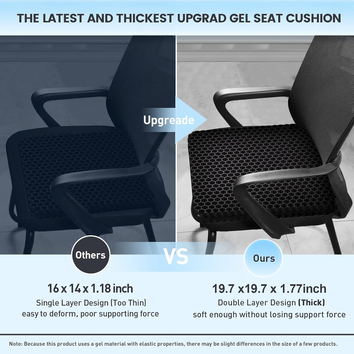 19.75 inch (approx. 50.0 cm) Gel Seat Cushion, Extra Thick Office Chair Cushion for Long Sitting - Rear Hip Tailbone Pain Relief Cushion, Egg Seat Cushion, Automotive Wheelchair Table and Chair Cushion - Fits up to 550 lbs (approx. 249.5 kg)