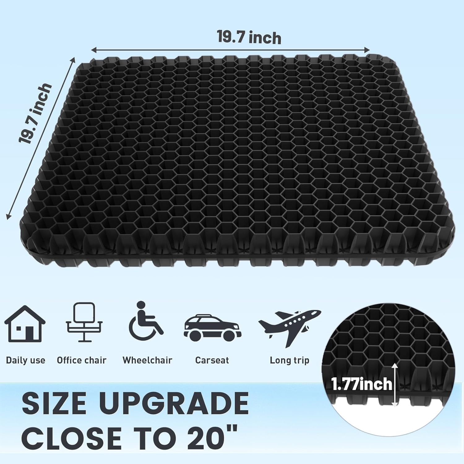 19.75 inch (approx. 50.0 cm) Gel Seat Cushion, Extra Thick Office Chair Cushion for Long Sitting - Rear Hip Tailbone Pain Relief Cushion, Egg Seat Cushion, Automotive Wheelchair Table and Chair Cushion - Fits up to 550 lbs (approx. 249.5 kg)