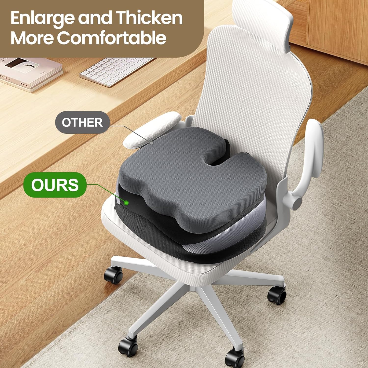 Large Seat Cushion for Office ChairsMemory Foam Tailbone Pain Relief Cushion Pillow for Back SupportNon-Slip Seat Cushion for Office Desks, Car Seats, Wheelchairs, Sciatica