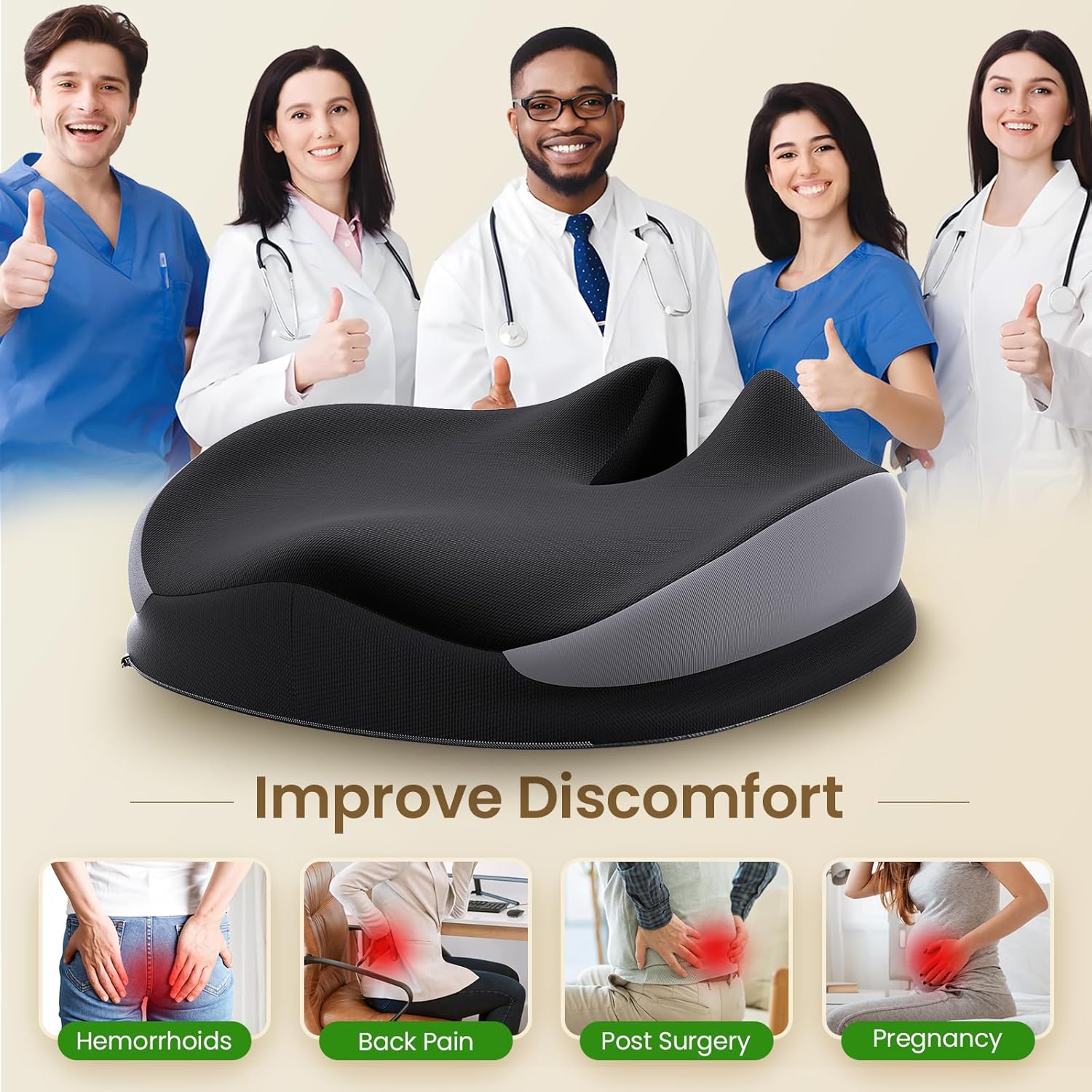 Large Seat Cushion for Office ChairsMemory Foam Tailbone Pain Relief Cushion Pillow for Back SupportNon-Slip Seat Cushion for Office Desks, Car Seats, Wheelchairs, Sciatica