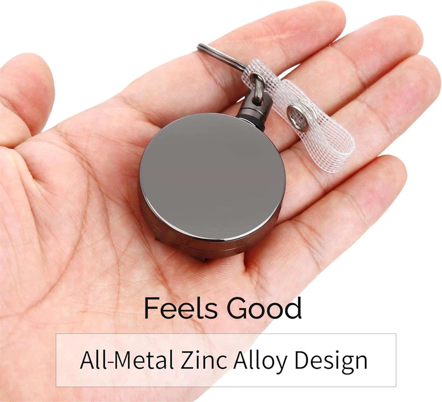 Will Well ID Badge Holder Reel with Clip and Key Ring - Heavy-duty, all-metal case with 27.5-inch (approximately 69.9 cm) UHMWPE fiber drawstring for durability and easy access, holds up to 8 keys - 2-Piece, Round, Gloss Black