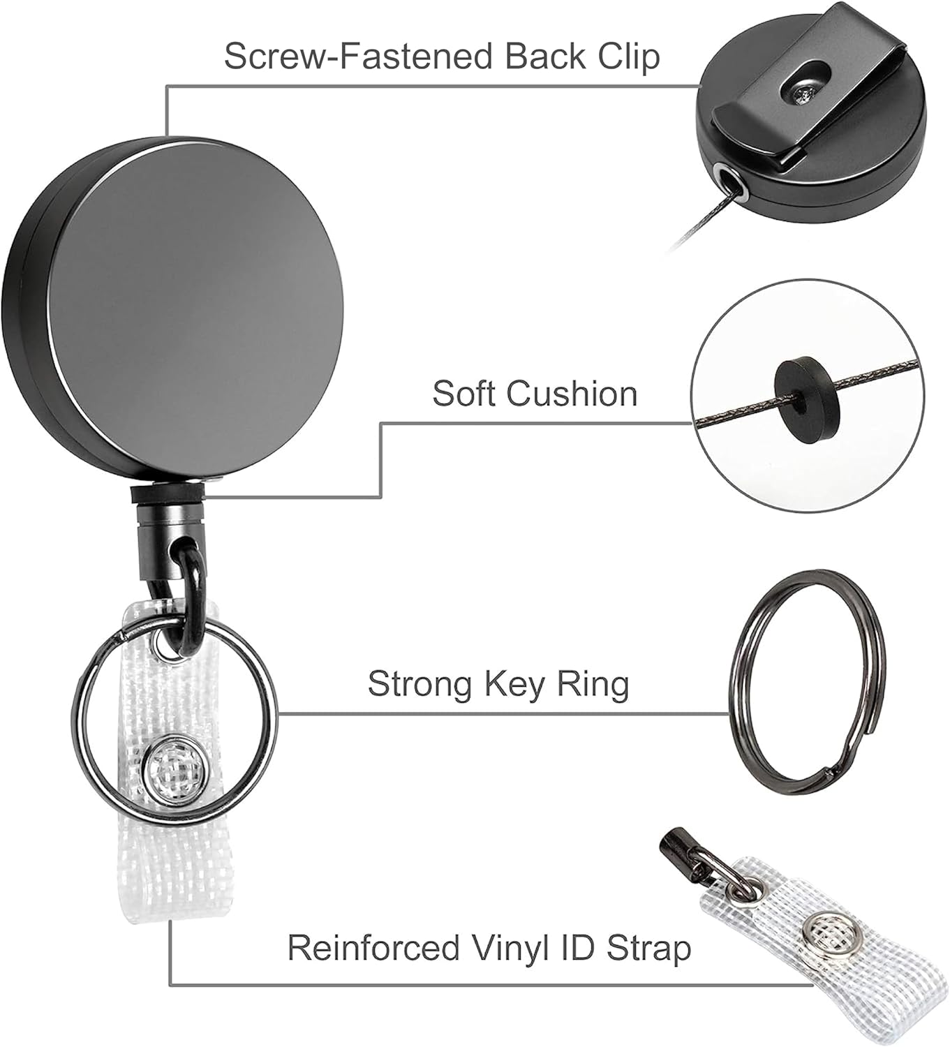 Will Well ID Badge Holder Reel with Clip and Key Ring - Heavy-duty, all-metal case with 27.5-inch (approximately 69.9 cm) UHMWPE fiber drawstring for durability and easy access, holds up to 8 keys - 2-Piece, Round, Gloss Black