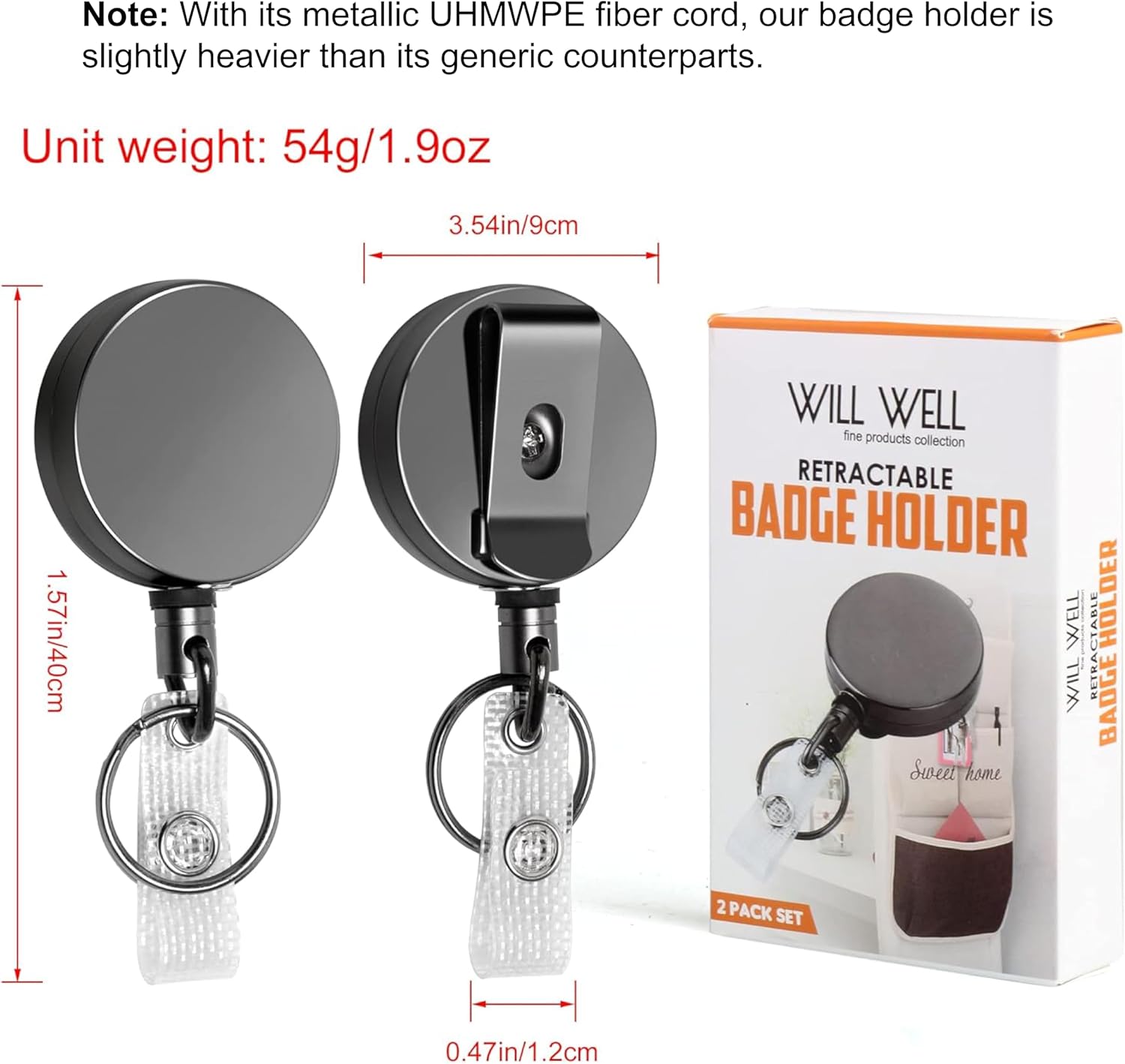 Will Well ID Badge Holder Reel with Clip and Key Ring - Heavy-duty, all-metal case with 27.5-inch (approximately 69.9 cm) UHMWPE fiber drawstring for durability and easy access, holds up to 8 keys - 2-Piece, Round, Gloss Black