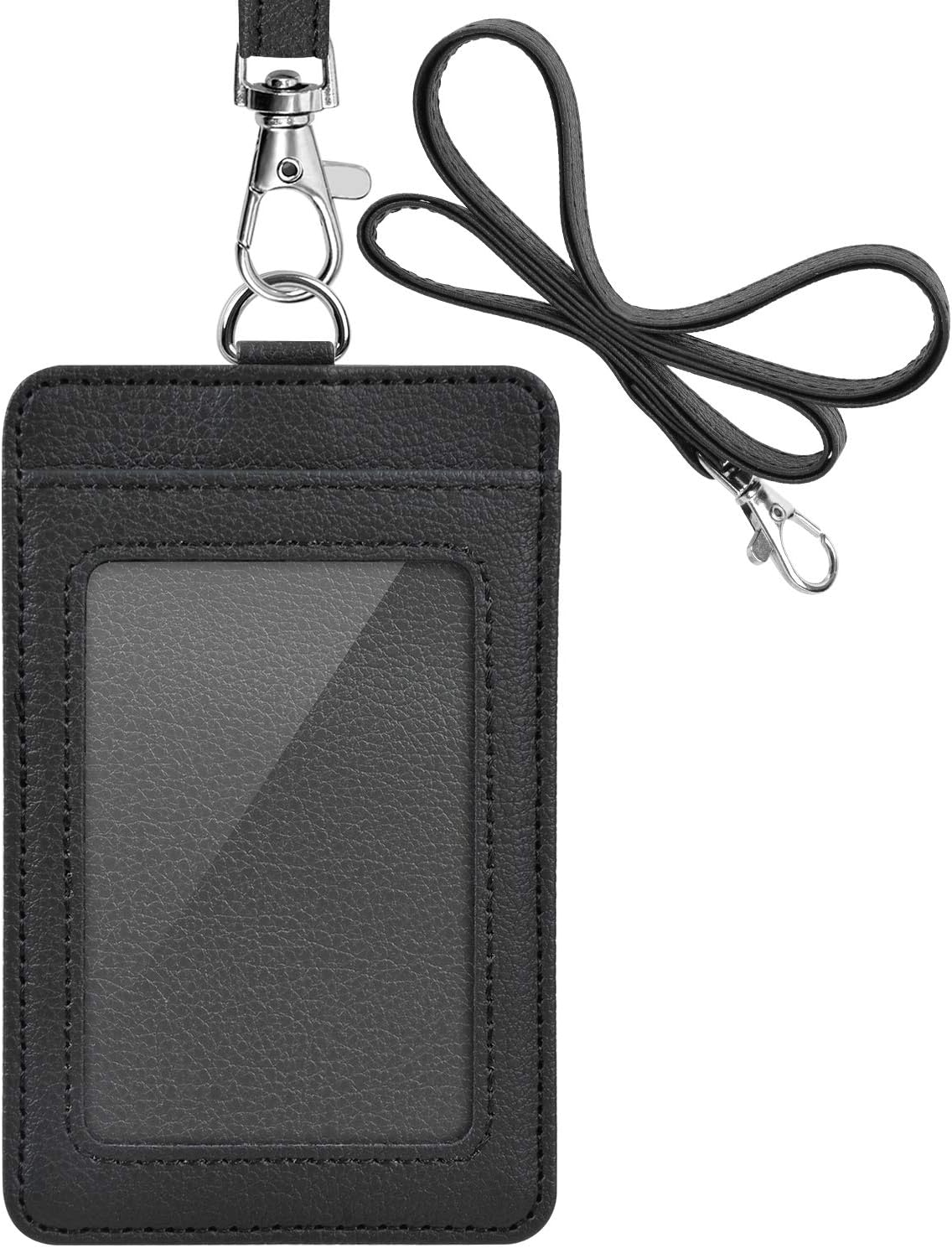PU Leather ID Badge Holder, Life-Mate ID Badge Holder with 1 Clear ID Pocket, 1 Credit Card Slot and PU Leather Lanyard for Badge Credit Cards, College ID, Black