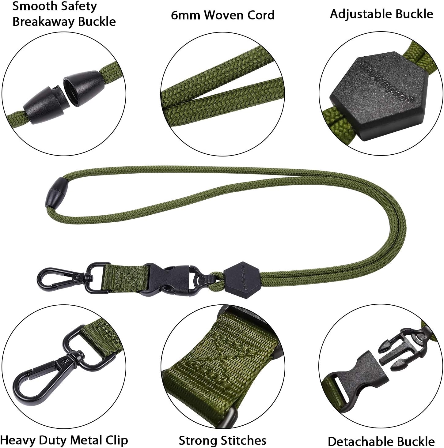 2-Pack 23-Inch (Approx. 58.4 cm) Durable Round Rope Heavy Duty Lanyard with Secure Breakaway Clip, Removable Buckle and Metal Hook for ID Badge Holders and Keys - Black and Military Green