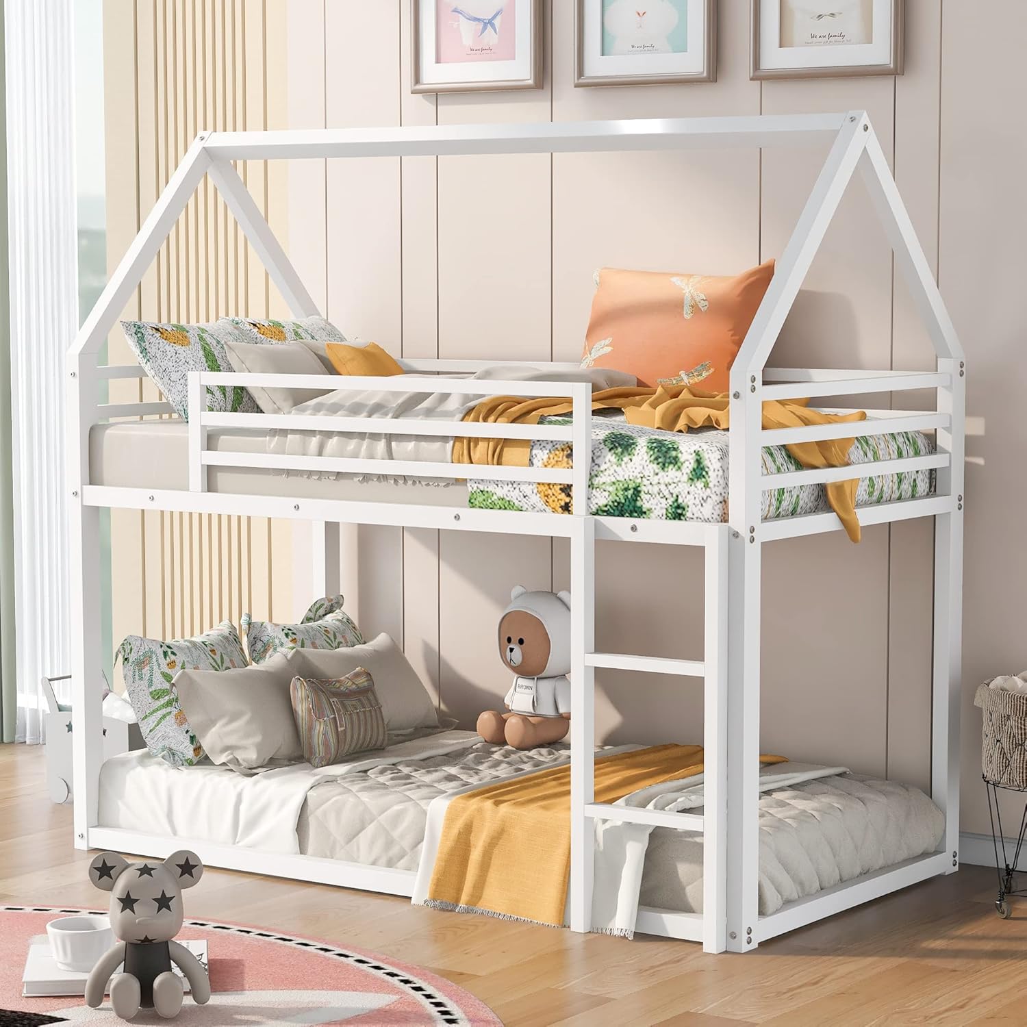 A ALFRESCOOL Twin Size Floor Bed Frame for Kids, Solid Pine Wood Montessori Floor Bed with House-Shaped Headboard and Handrails for Toddler, Girls, Boys. No Slats, No Box Spring Needed (Pink)