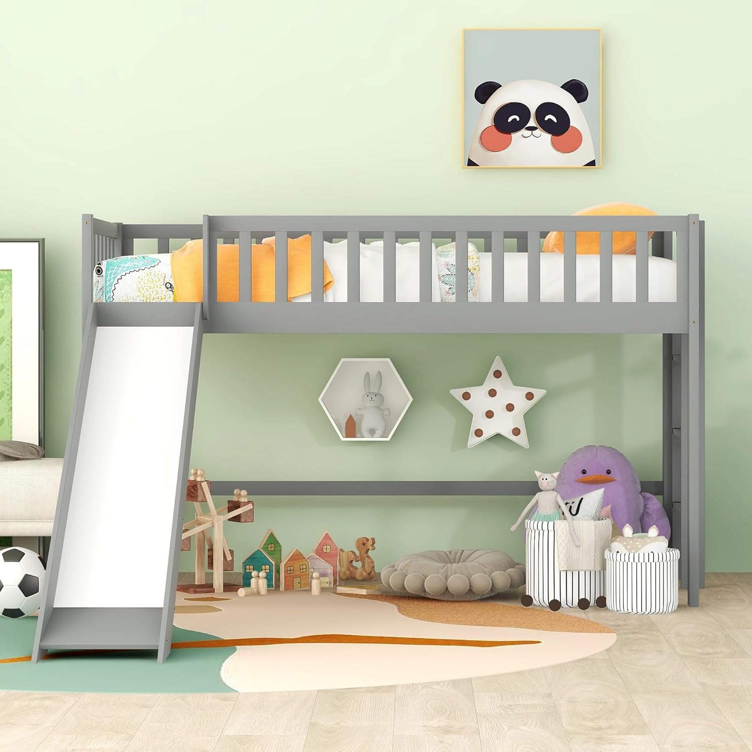 Bellemave Children's Single Bed Loft Bed, Low Loft Bed with Slide and Ladder, Wooden Loft Bed Single Bed for Girl Boy, Gray