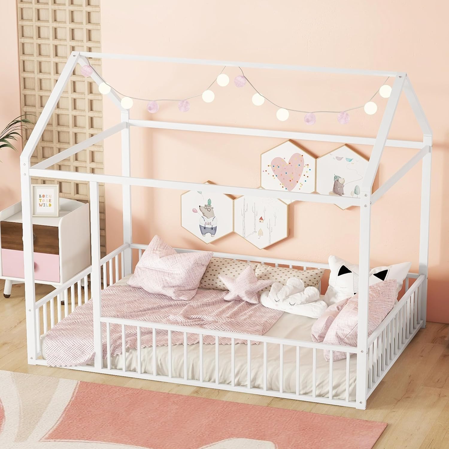 Bellemave Full Size Montessori Floor Bed, Metal House Bed Frame, Children's Room Floor Bed, Montessori Floor Bed with Enclosure, Children's Playhouse, White