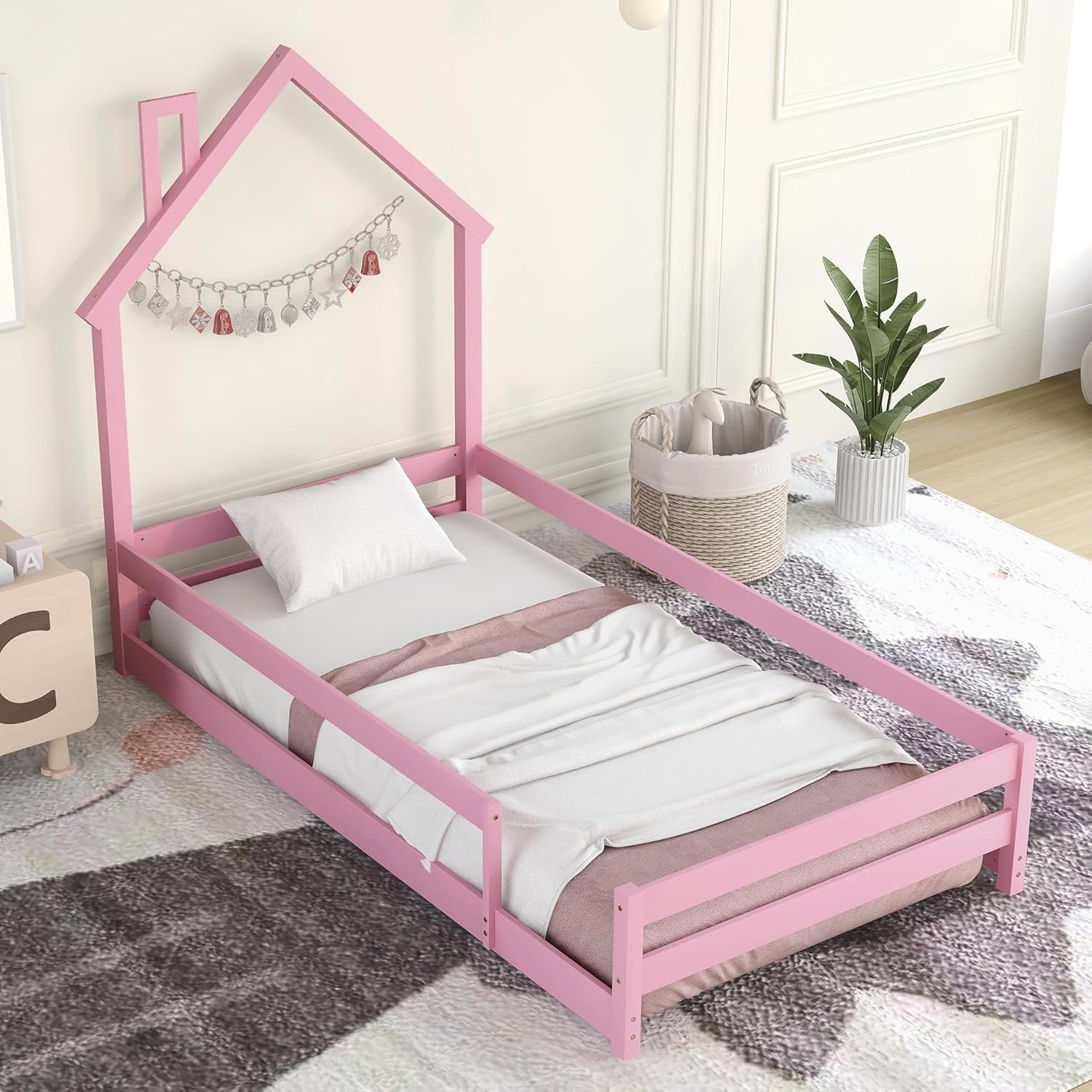 Bellemave Single Bed House Shape Headboard Floor Bed with Fence,Wooden Montessori Bed Kids,Home Bed Double Frame Fits Girls,Boys (Pink)