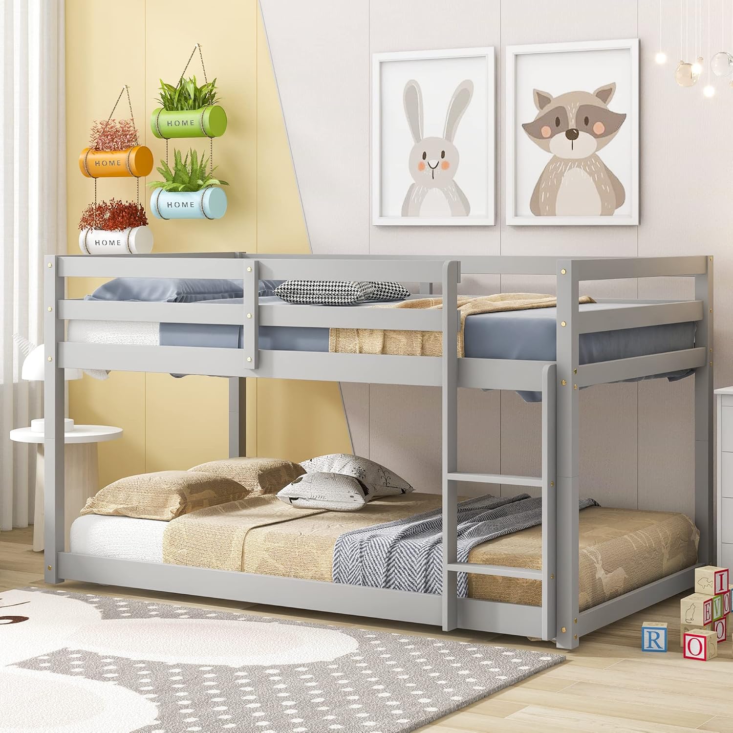 Bunk Bed with Ladder and Safety Rails, Solid Wood Low Bunk Bed Frame, Suitable for Teenagers and Adults, Easy to Assemble, Space Saving, No Box Spring Required, Gray