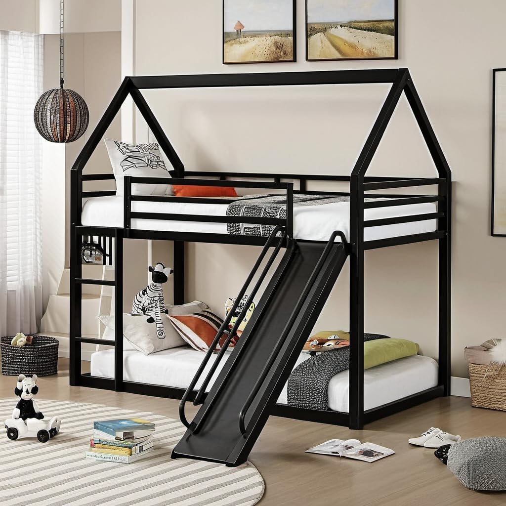 Children's Double Bunk Bed with Slide, Metal Bunk Bed Frame with Roof Design and Full Length Guardrails, Ladder, Boys and Girls House Beds, No Box Spring Required, Black