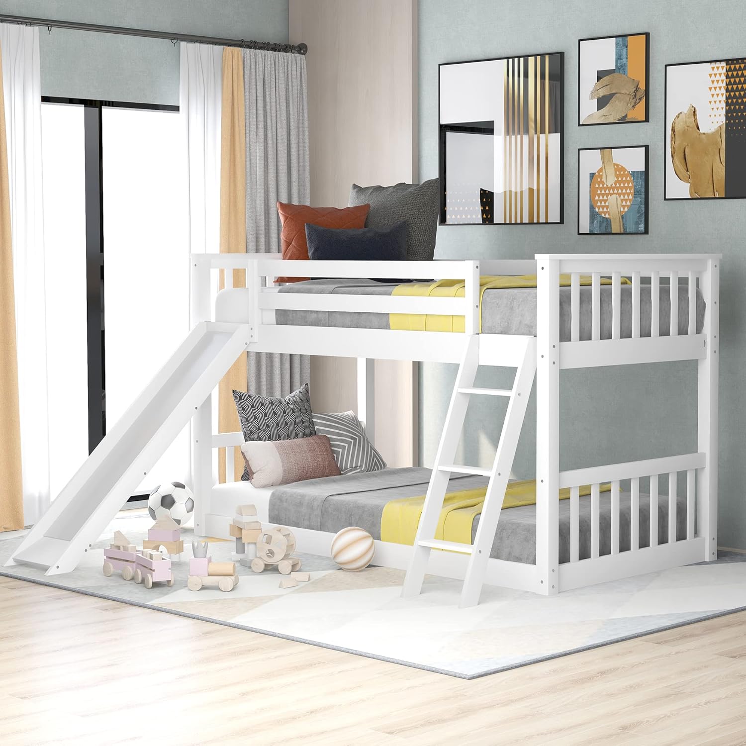 Bellemave Twin Bunk Low Bunk Bed with Slide and Ladder, Low Bunk Bed for Kids, Girls, Boys, Floor Bunk Bed, White